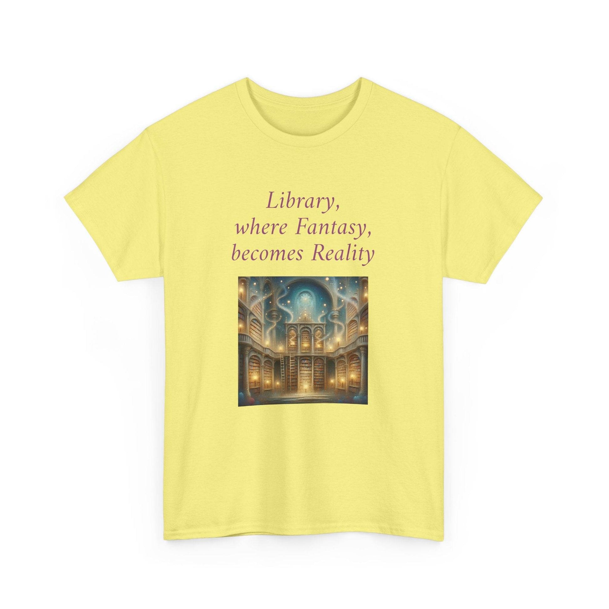 Library, Fantasy, Reality - Graphic Tee - Unisex Heavy Cotton T-Shirt - Book Lovers - The Dreamer's Bookshop.