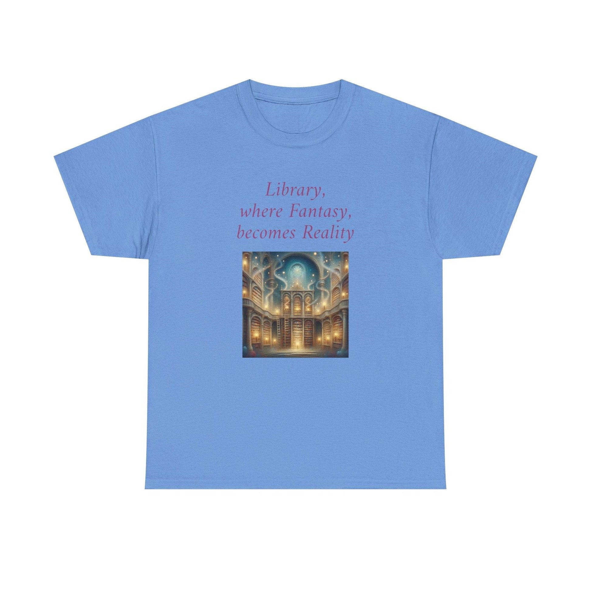 Library, Fantasy, Reality - Graphic Tee - Unisex Heavy Cotton T-Shirt - Book Lovers - The Dreamer's Bookshop.