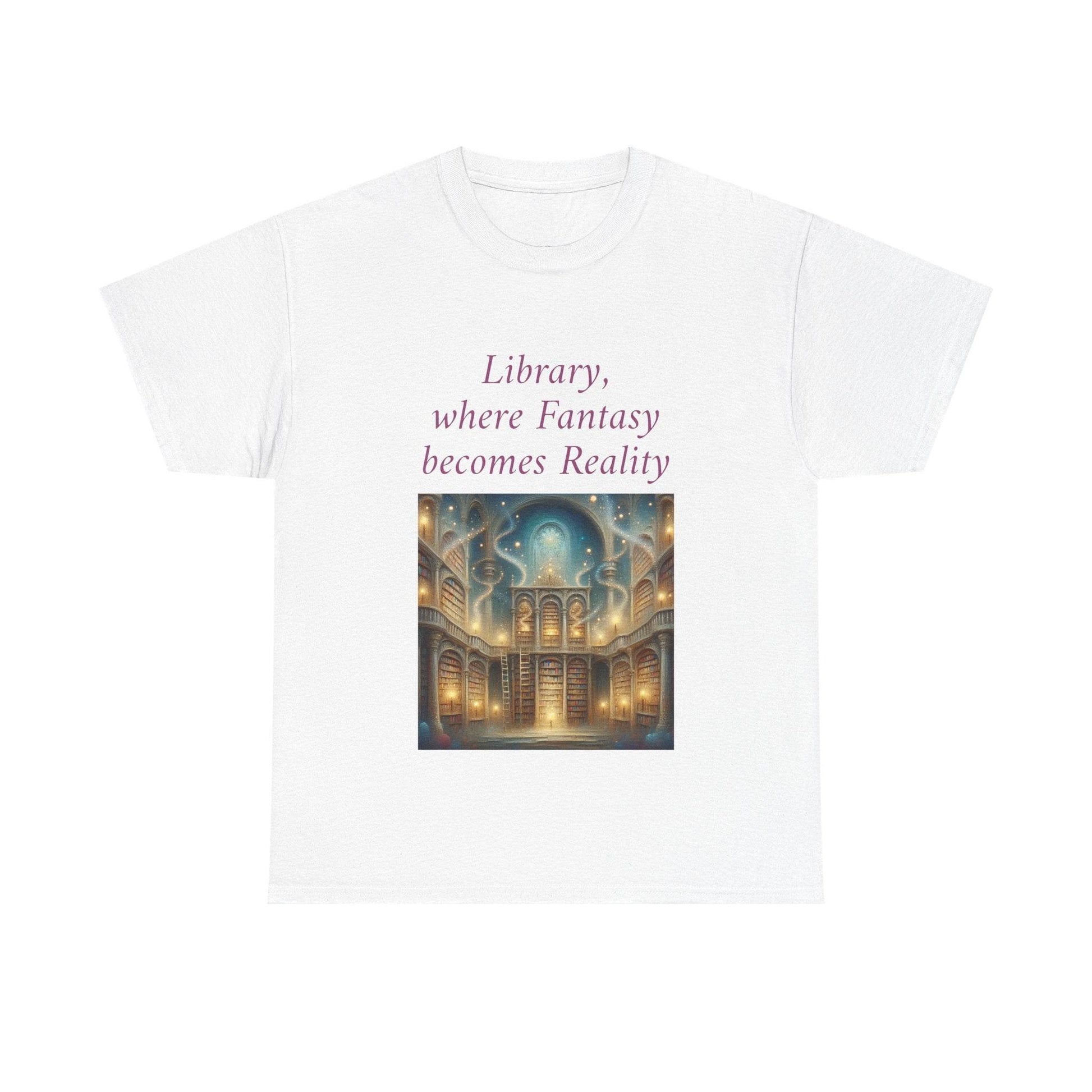 Library, Fantasy, Reality - Unisex Heavy Cotton Tee - Book Lovers - The Dreamer's Bookshop.