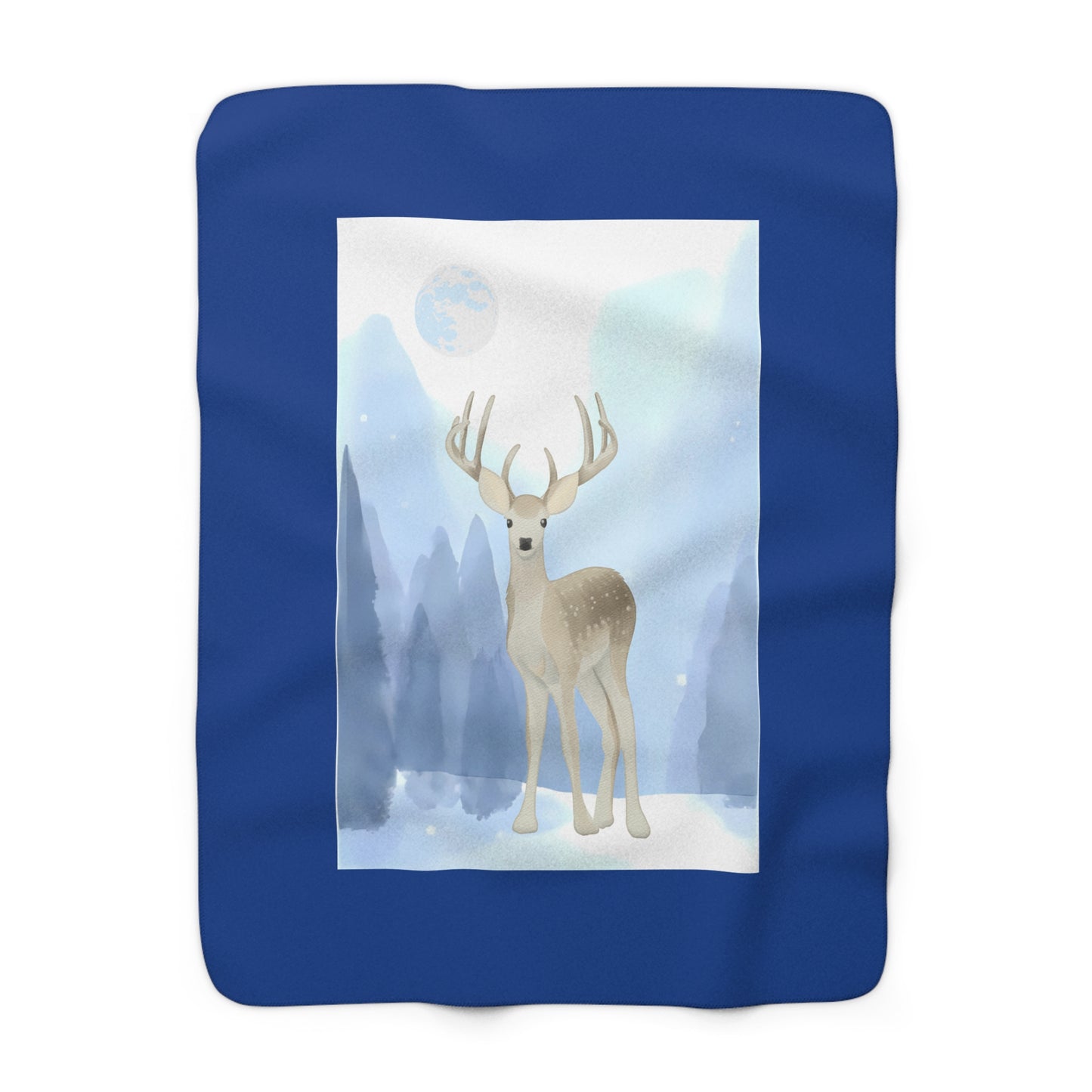 Cozy Sherpa Fleece Blanket - Blue 'Winter Deer' Design