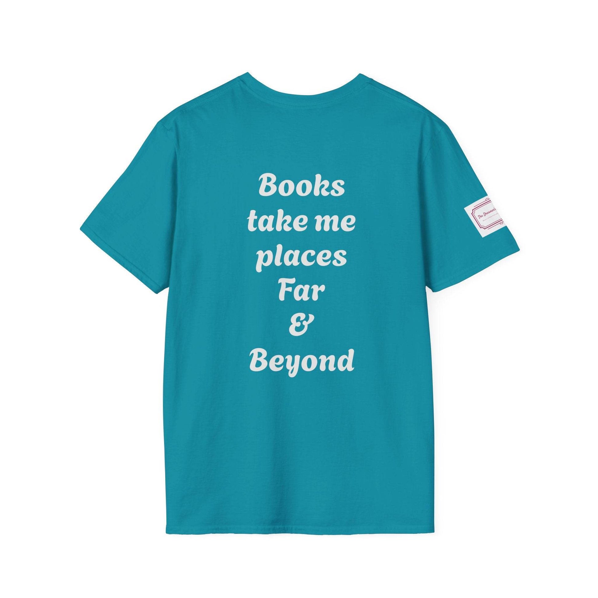 Unisex Softstyle T-Shirt - Traveller of Worlds Design for Book Lovers - The Dreamer's Bookshop.
