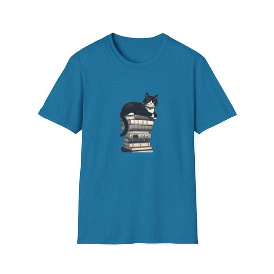 Unisex Softstyle T-Shirt - Vintage Cat Book Stack Booklover - The Dreamer's Bookshop.