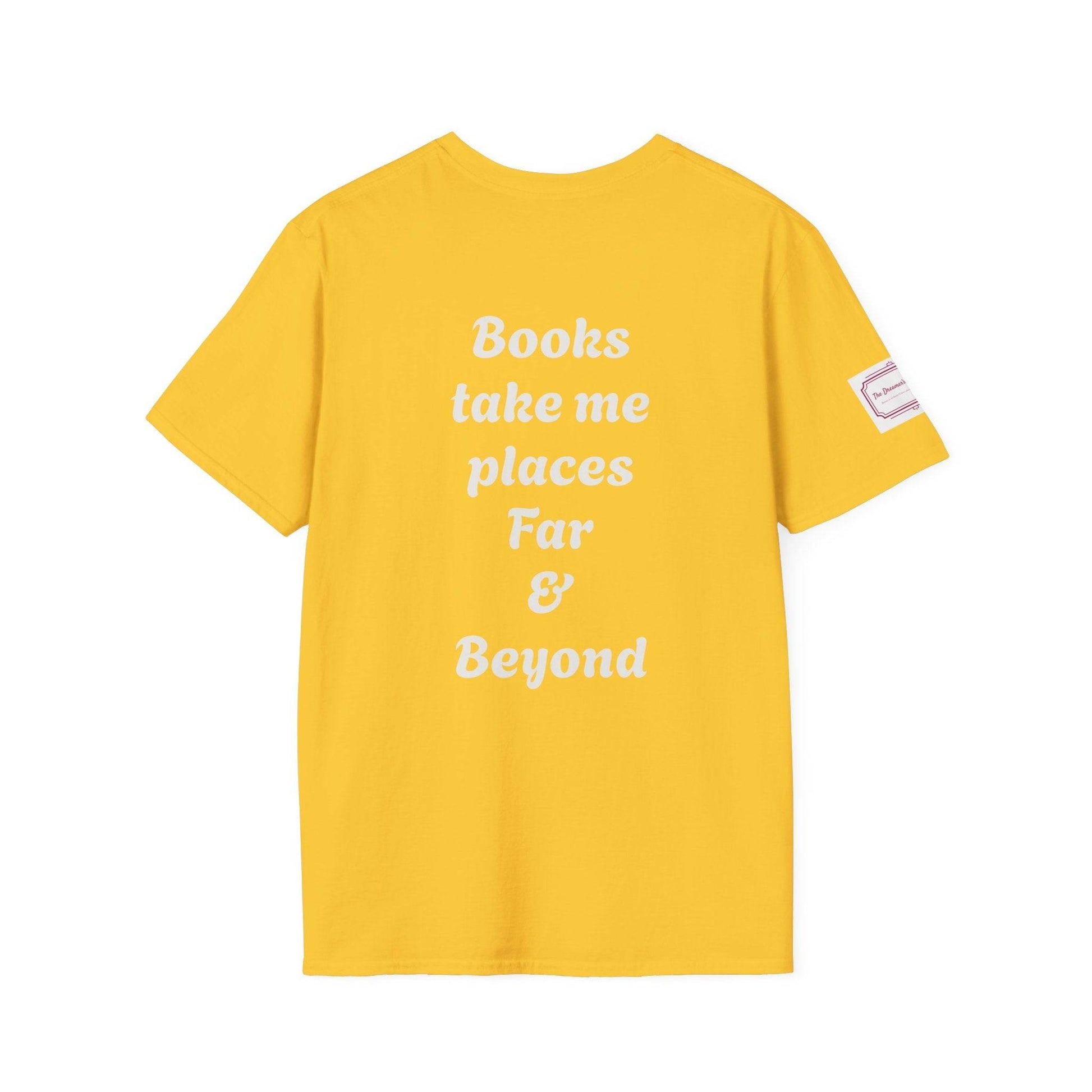 Unisex Softstyle T-Shirt - Traveller of Worlds Design for Book Lovers - The Dreamer's Bookshop.