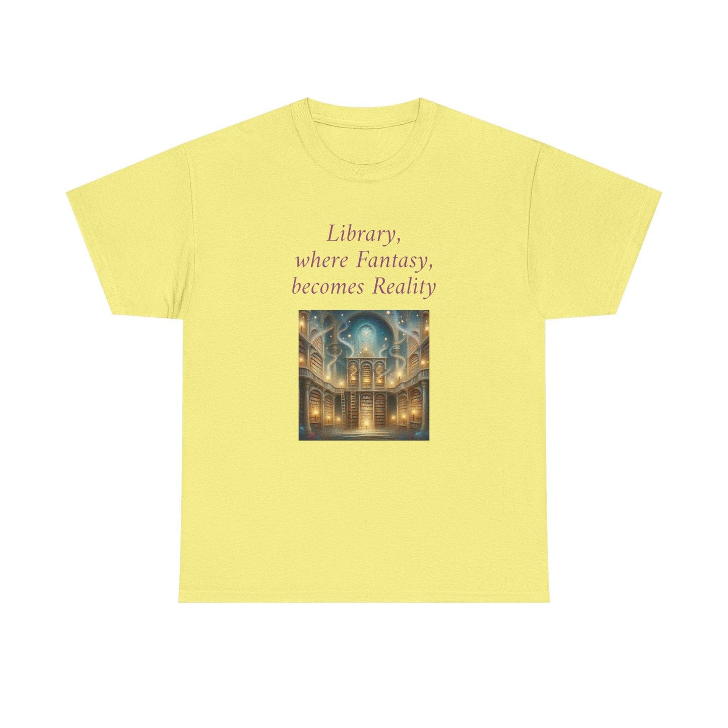 Library, Fantasy, Reality - Graphic Tee - Unisex Heavy Cotton T-Shirt - Book Lovers - The Dreamer's Bookshop.