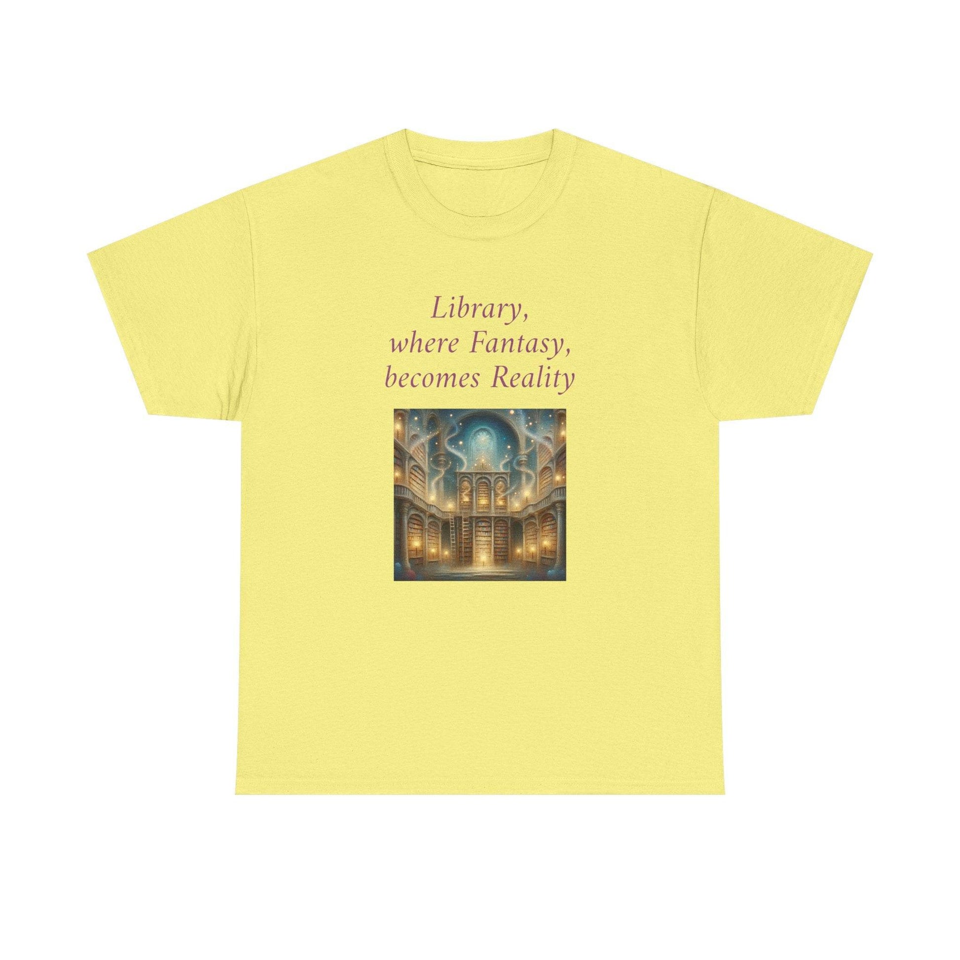 Library, Fantasy, Reality - Graphic Tee - Unisex Heavy Cotton T-Shirt - Book Lovers - The Dreamer's Bookshop.