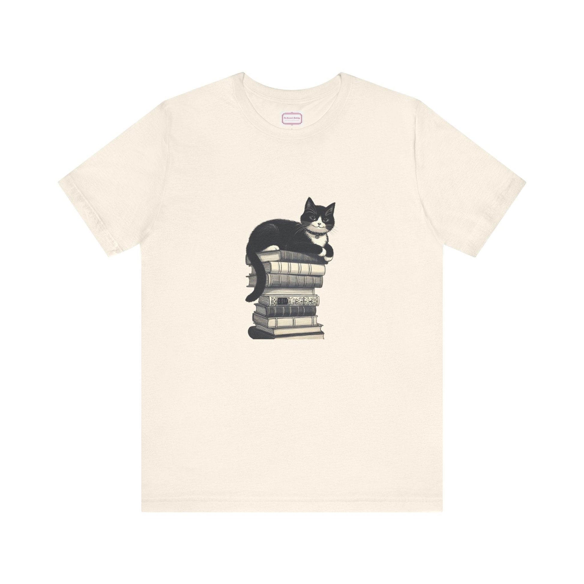 Unisex T-shirt - Vintage Cat Book Stack Booknerds - The Dreamer's Bookshop.