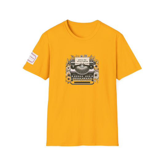Unisex Softstyle T-Shirt - Vintage Typewriter "Story Begins" Bookworm - The Dreamer's Bookshop.