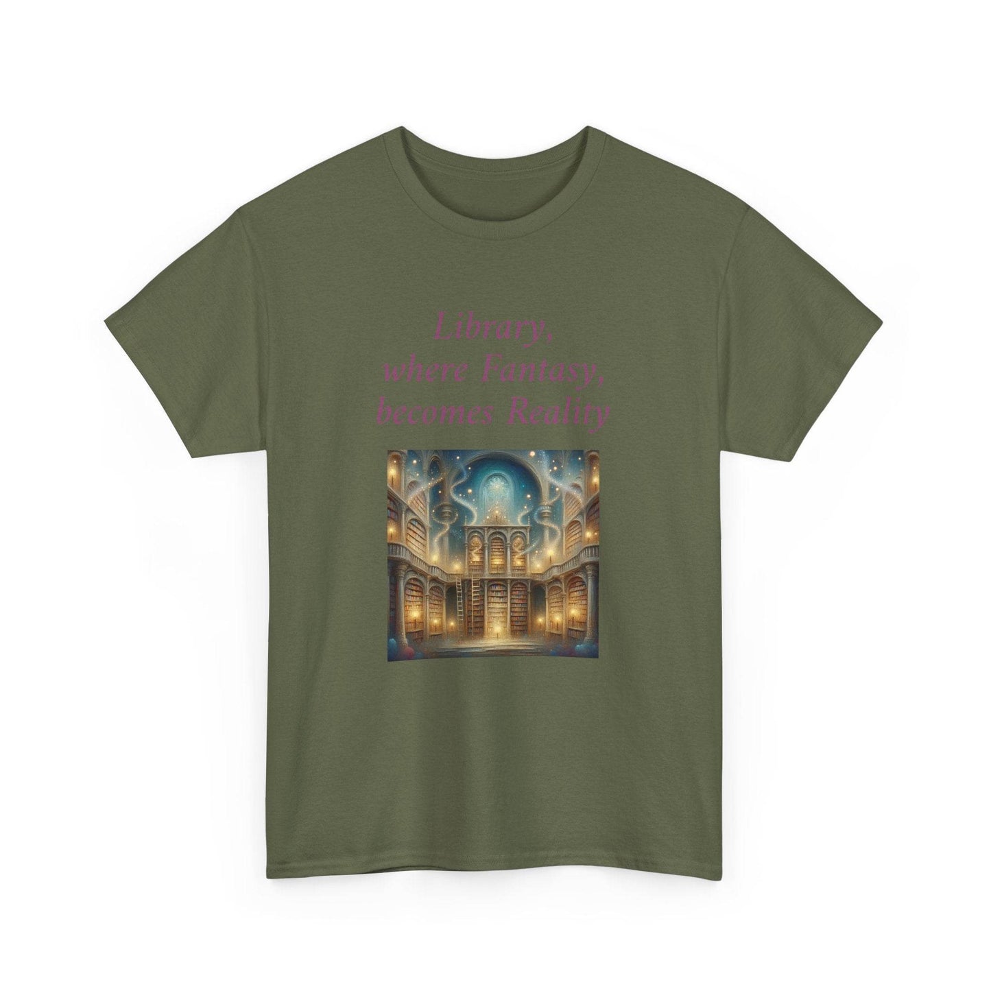 Library, Fantasy, Reality - Graphic Tee - Unisex Heavy Cotton T-Shirt - Book Lovers - The Dreamer's Bookshop.