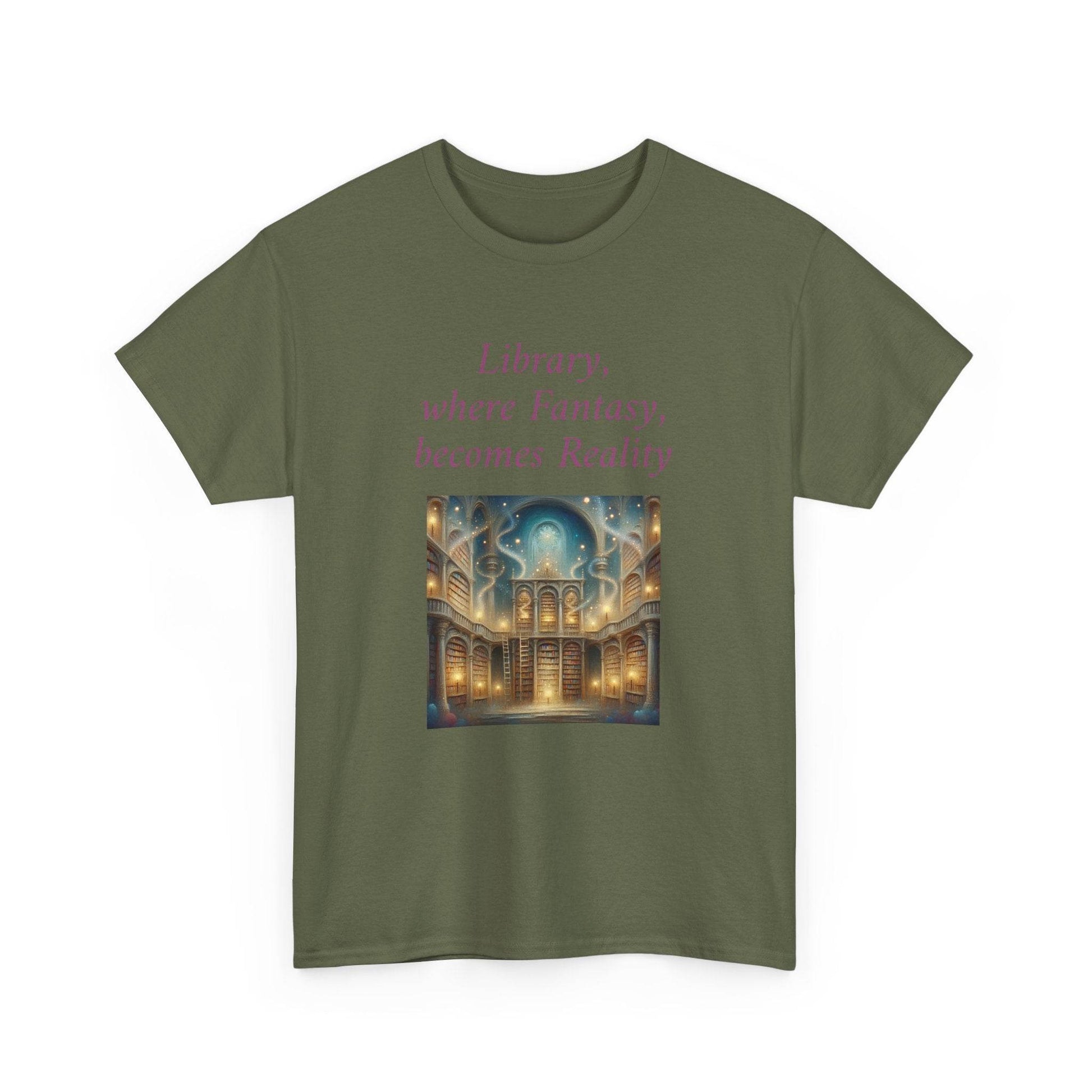 Library, Fantasy, Reality - Graphic Tee - Unisex Heavy Cotton T-Shirt - Book Lovers - The Dreamer's Bookshop.