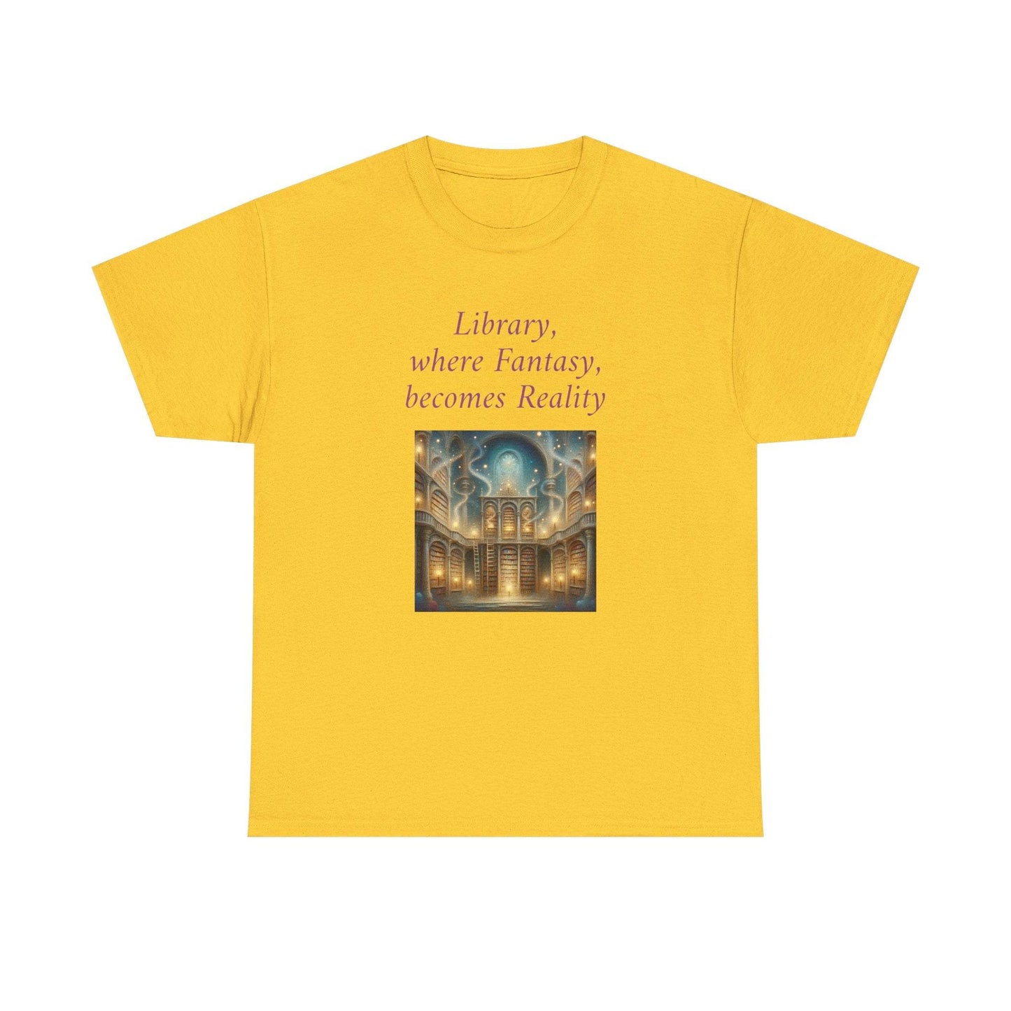 Library, Fantasy, Reality - Graphic Tee - Unisex Heavy Cotton T-Shirt - Book Lovers - The Dreamer's Bookshop.