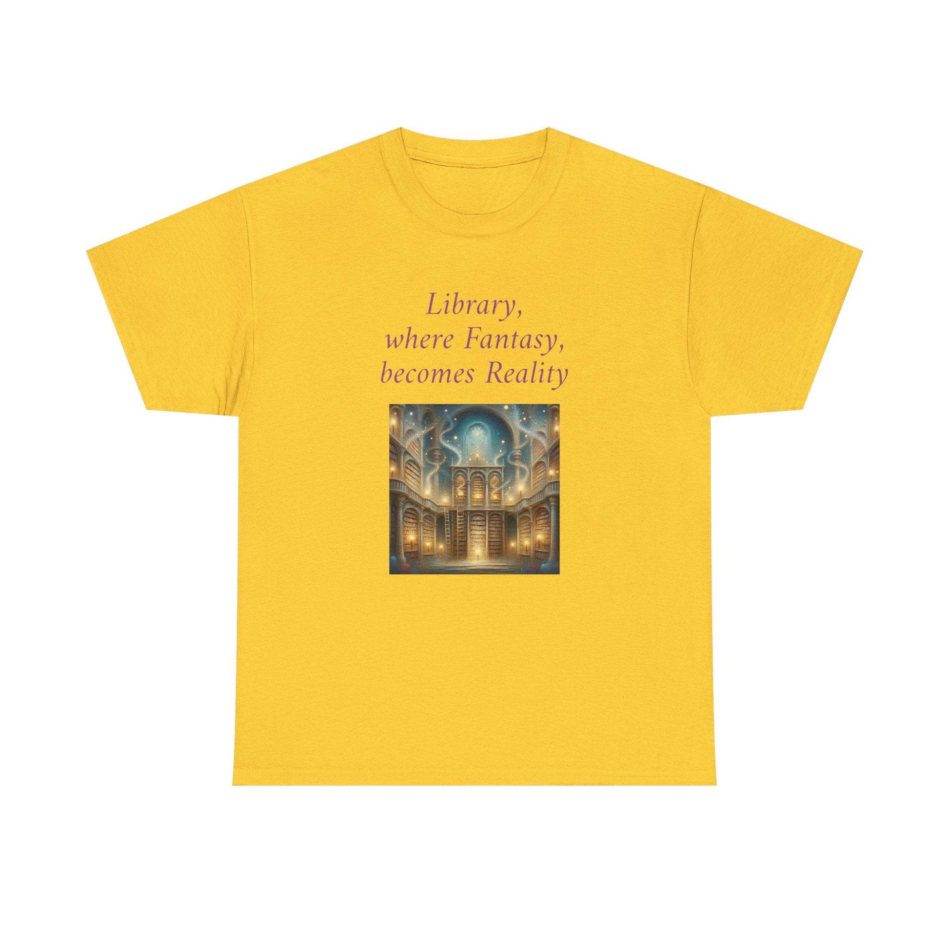 Library, Fantasy, Reality - Graphic Tee - Unisex Heavy Cotton T-Shirt - Book Lovers - The Dreamer's Bookshop.
