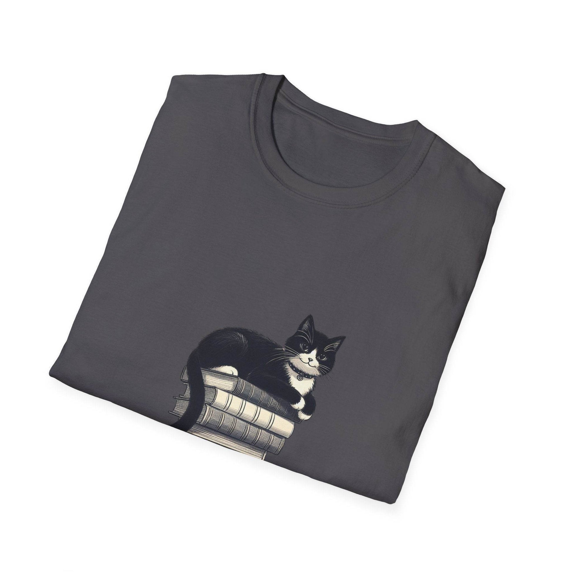 Unisex Softstyle T-Shirt - Vintage Cat Book Stack Bookaddict - The Dreamer's Bookshop.