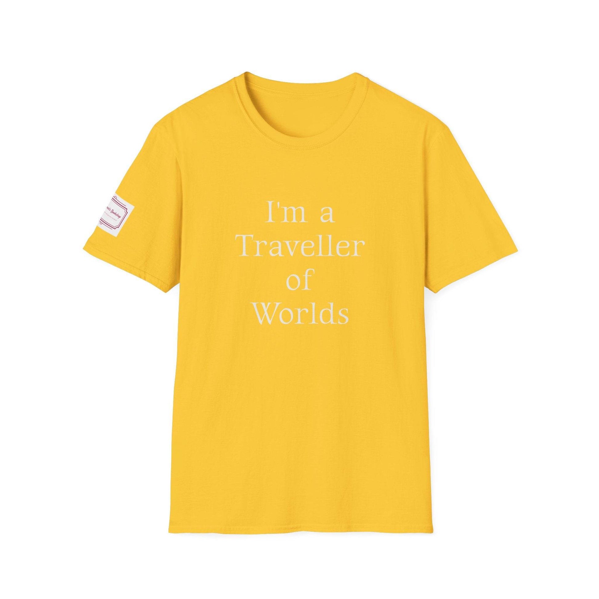 Unisex Softstyle T-Shirt - Traveller of Worlds Design for Book Lovers - The Dreamer's Bookshop.