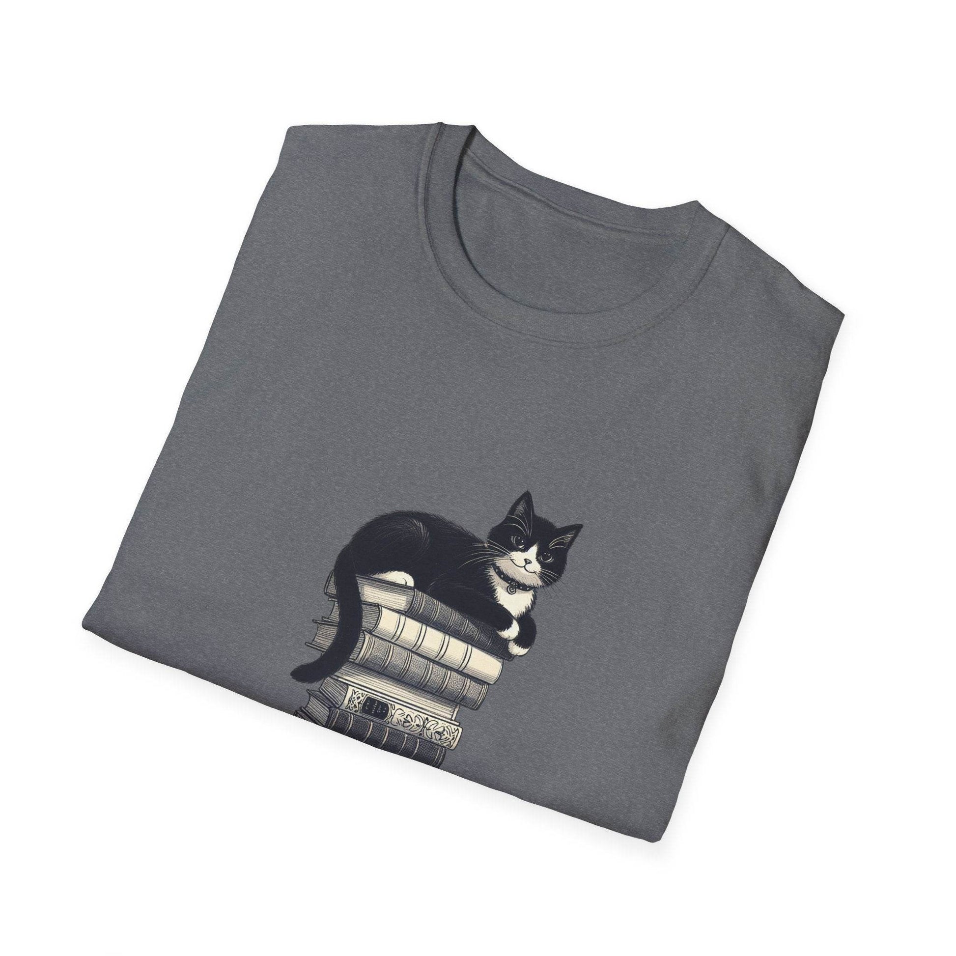 Unisex Softstyle T-Shirt - Vintage Cat Book Stack Booklover - The Dreamer's Bookshop.