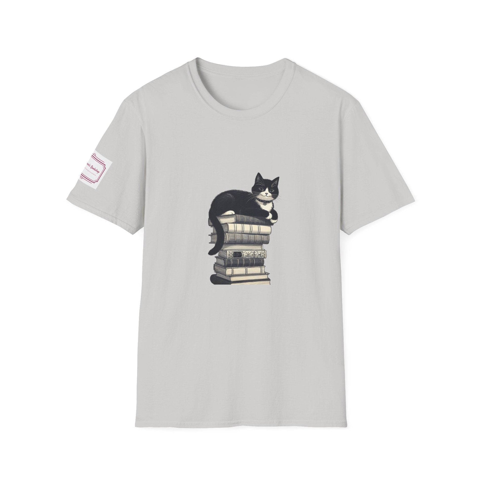 Unisex Softstyle T-Shirt - Vintage Cat Book Stack Bookaddict - The Dreamer's Bookshop.