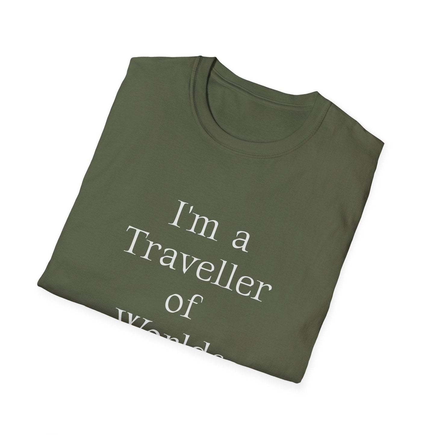 Unisex Softstyle T-Shirt - Traveller of Worlds Design for Book Lovers - The Dreamer's Bookshop.