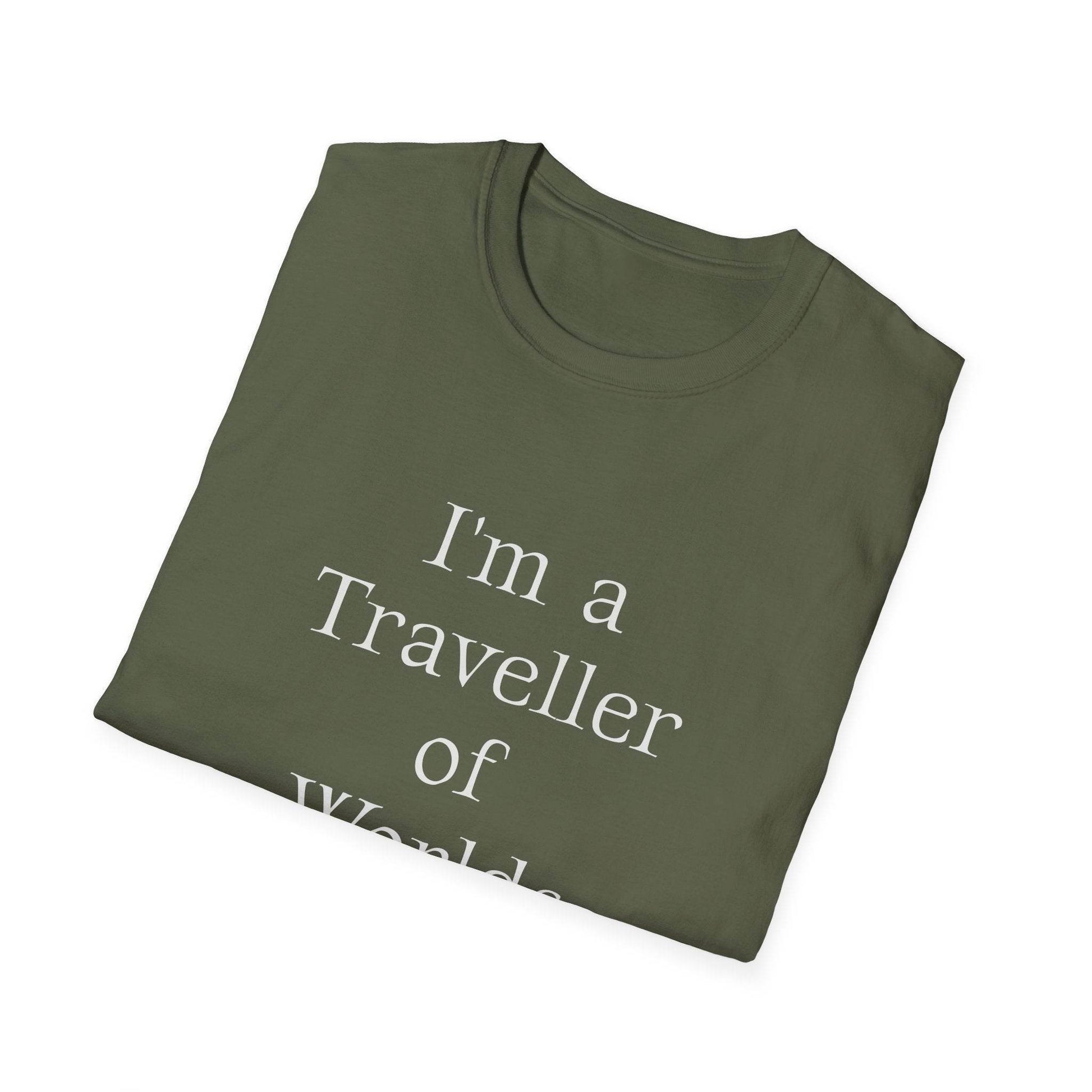 Unisex Softstyle T-Shirt - Traveller of Worlds Design for Book Lovers - The Dreamer's Bookshop.