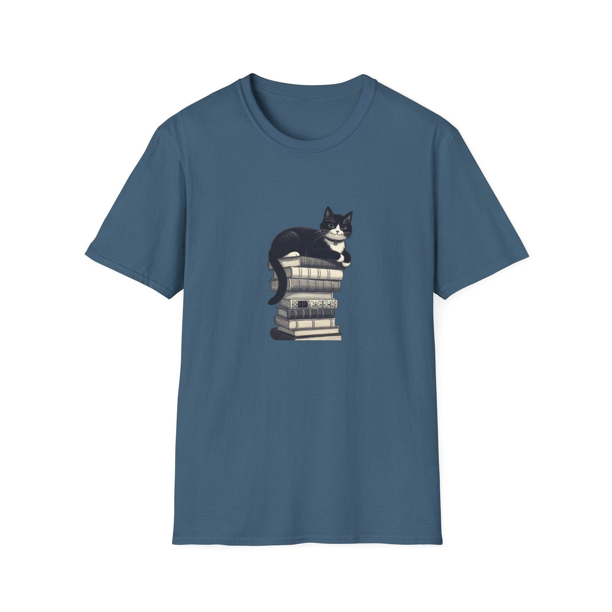 Unisex Softstyle T-Shirt - Vintage Cat Book Stack Booklover - The Dreamer's Bookshop.