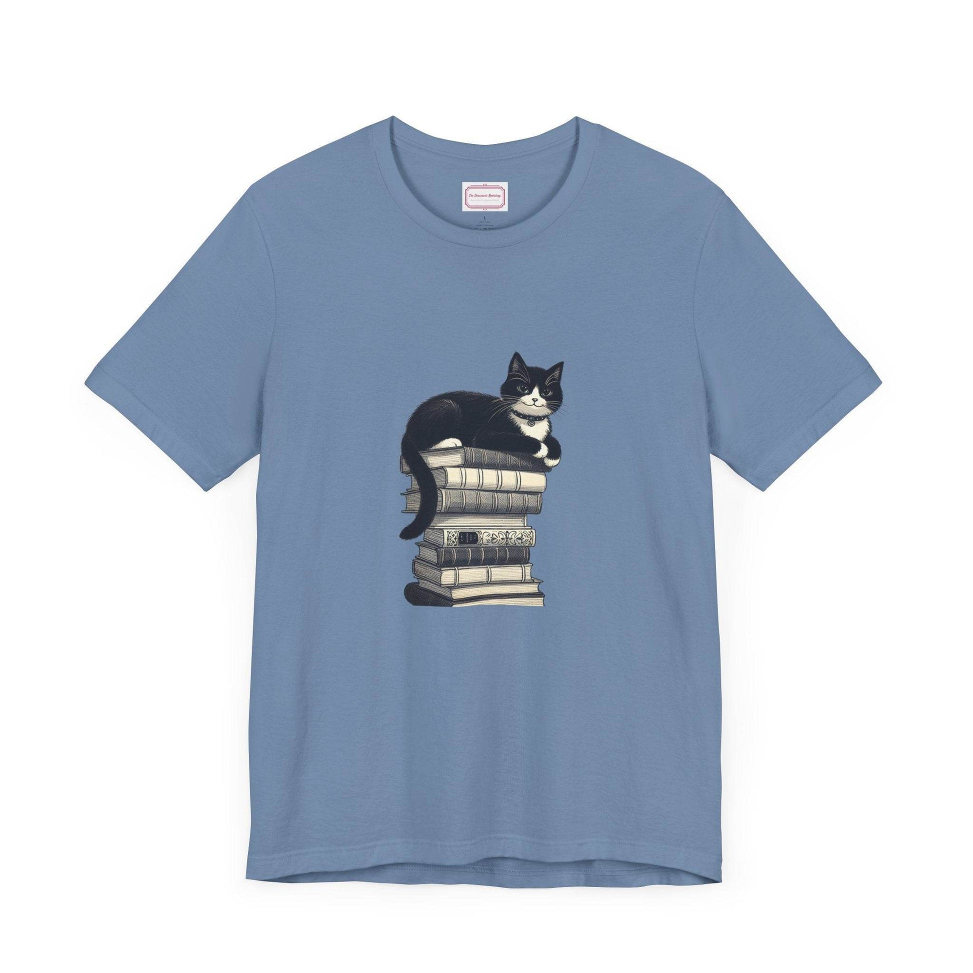 Unisex T-shirt - Vintage Cat Book Stack Booknerds - The Dreamer's Bookshop.