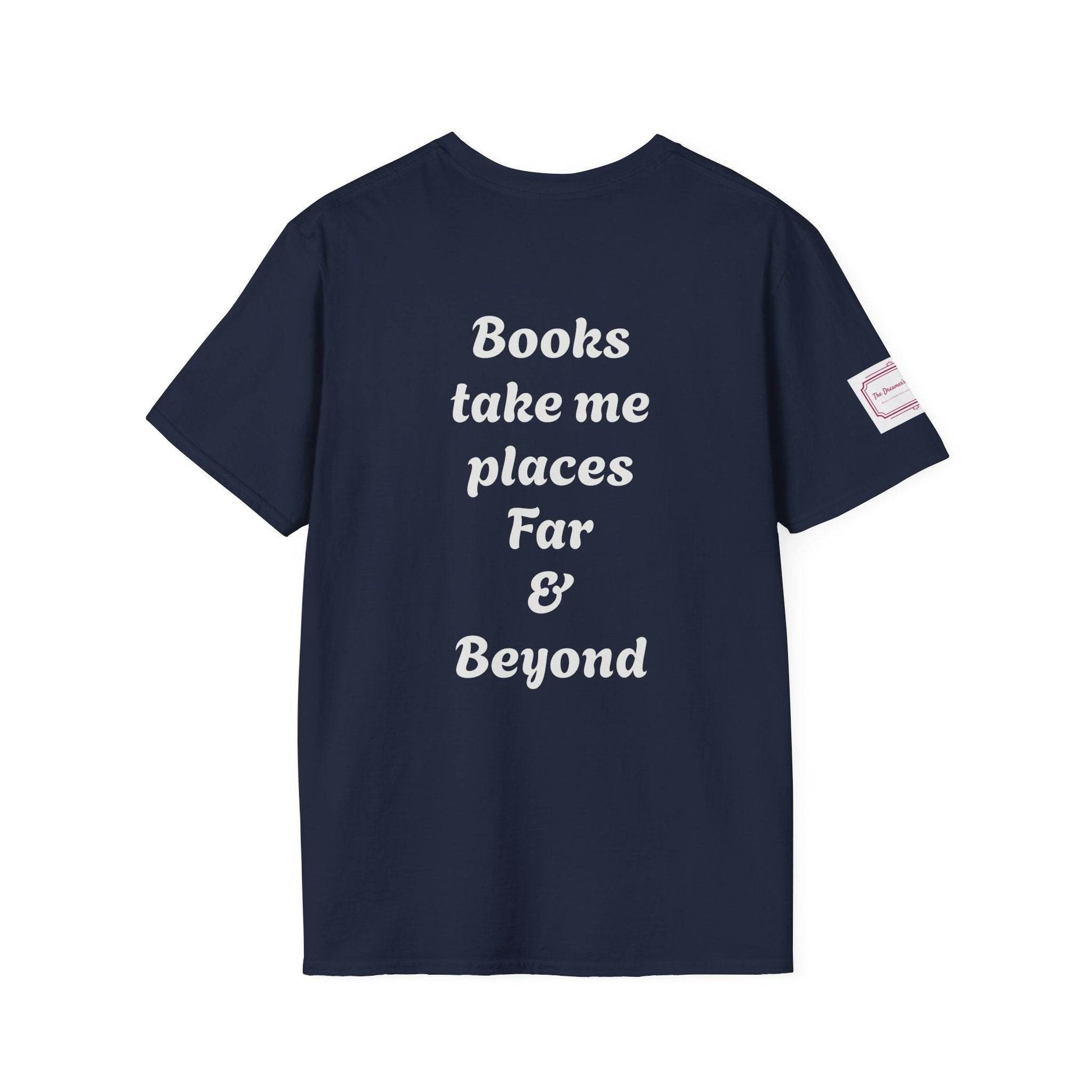 Unisex Softstyle T-Shirt - Traveller of Worlds Design for Book Lovers - The Dreamer's Bookshop.