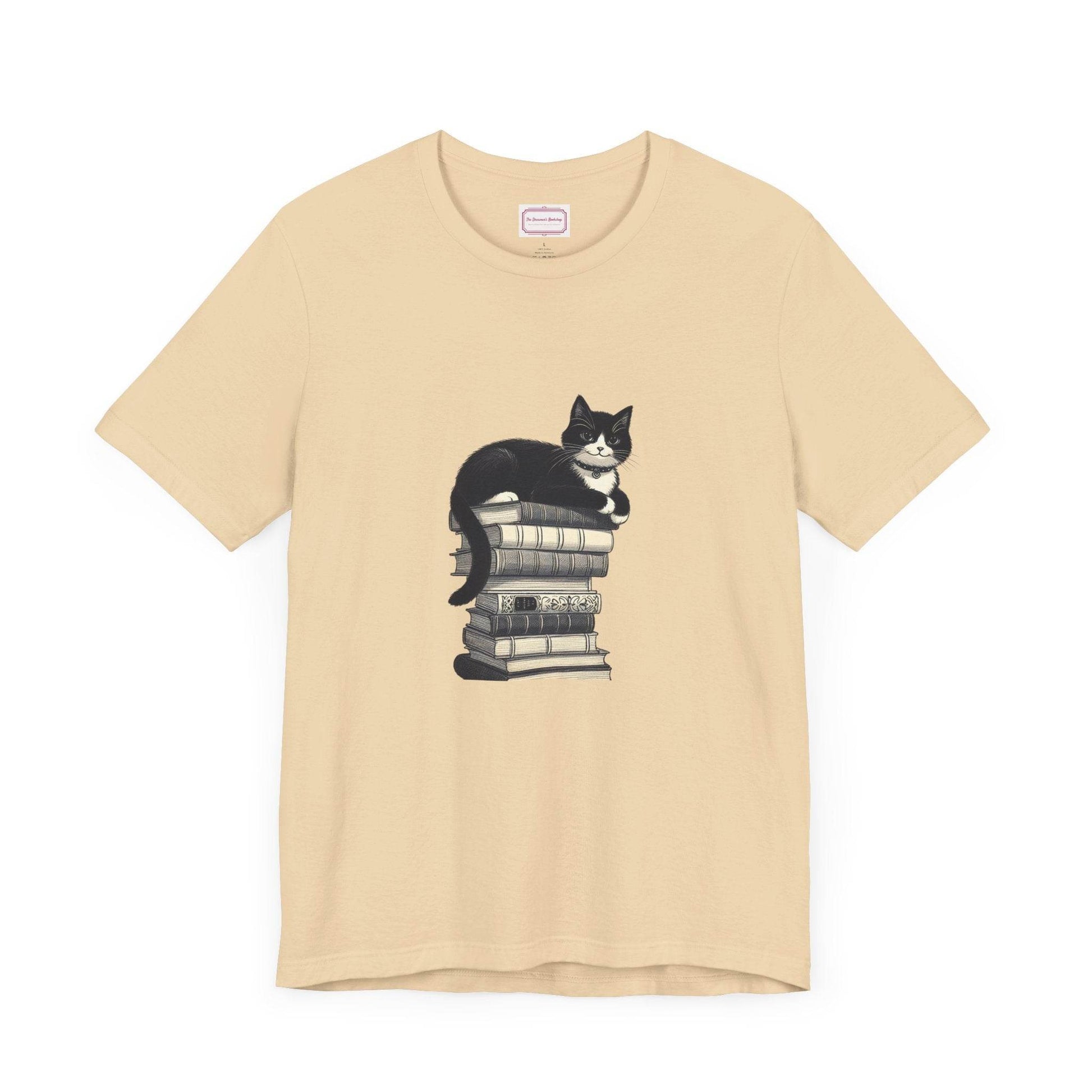 Unisex T-shirt - Vintage Cat Book Stack Booknerds - The Dreamer's Bookshop.