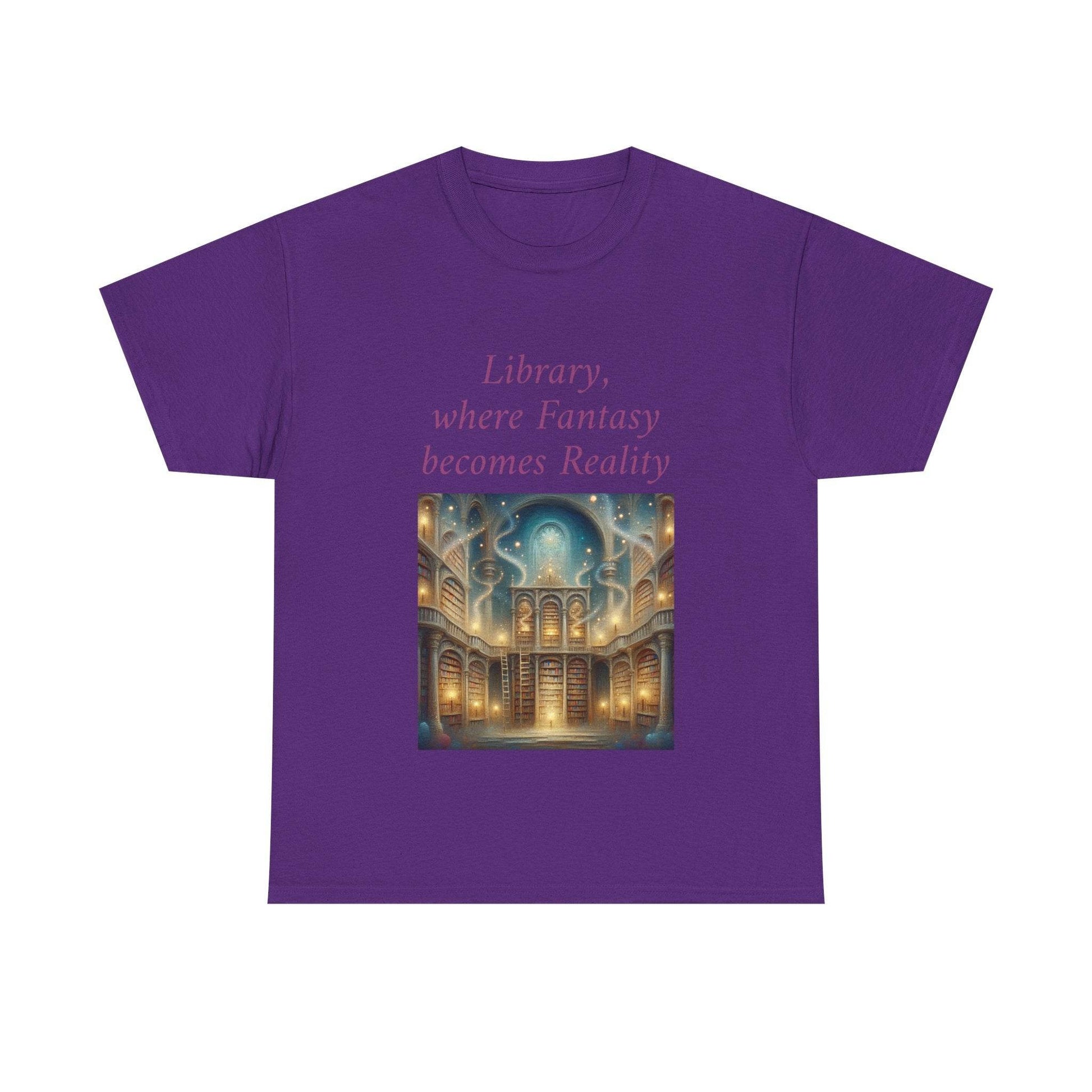 Library, Fantasy, Reality - Unisex Heavy Cotton Tee - Book Lovers - The Dreamer's Bookshop.