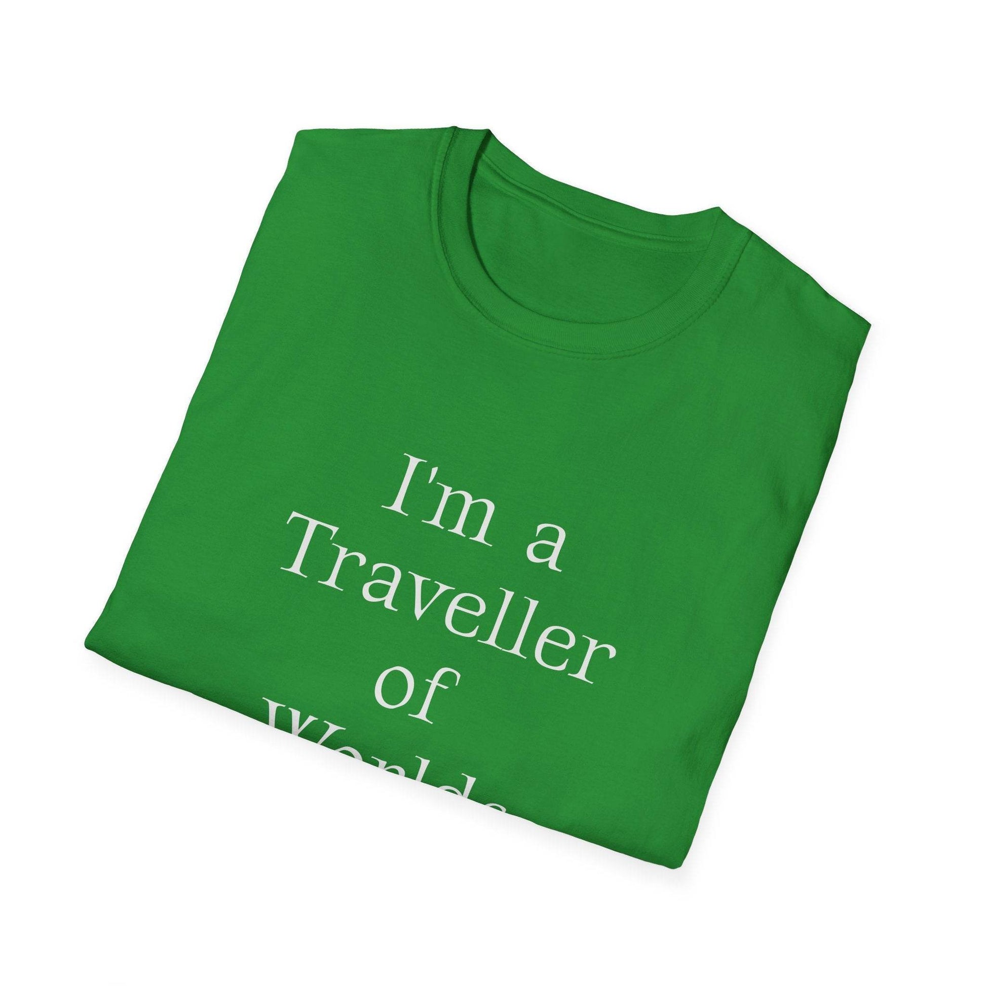 Unisex Softstyle T-Shirt - Traveller of Worlds Design for Book Lovers - The Dreamer's Bookshop.