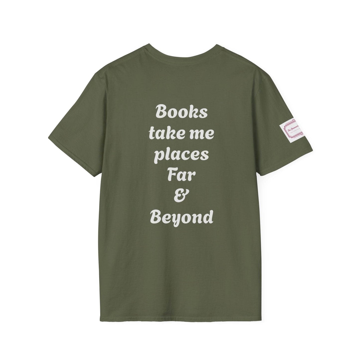 Unisex Softstyle T-Shirt - Traveller of Worlds Design for Book Lovers - The Dreamer's Bookshop.