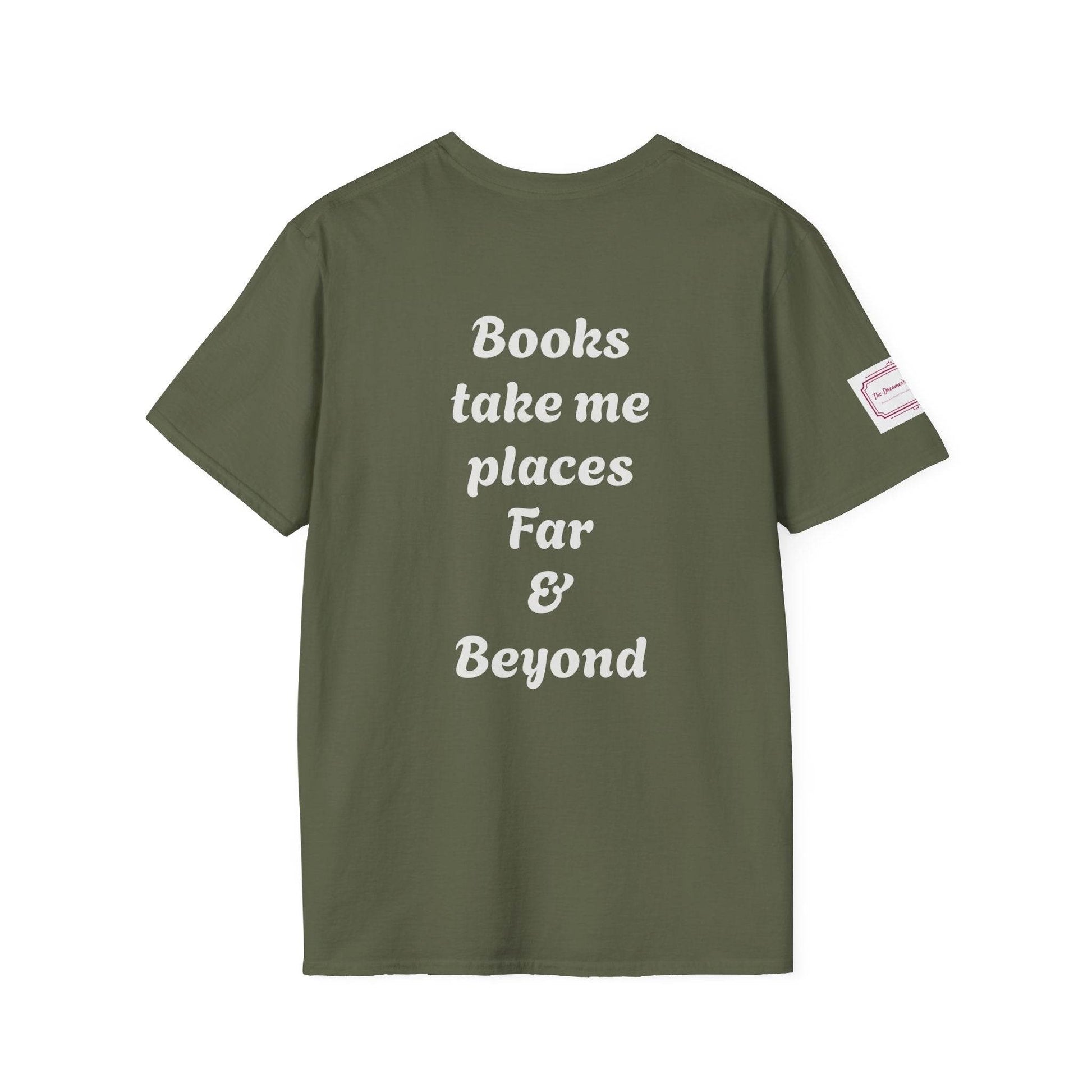 Unisex Softstyle T-Shirt - Traveller of Worlds Design for Book Lovers - The Dreamer's Bookshop.