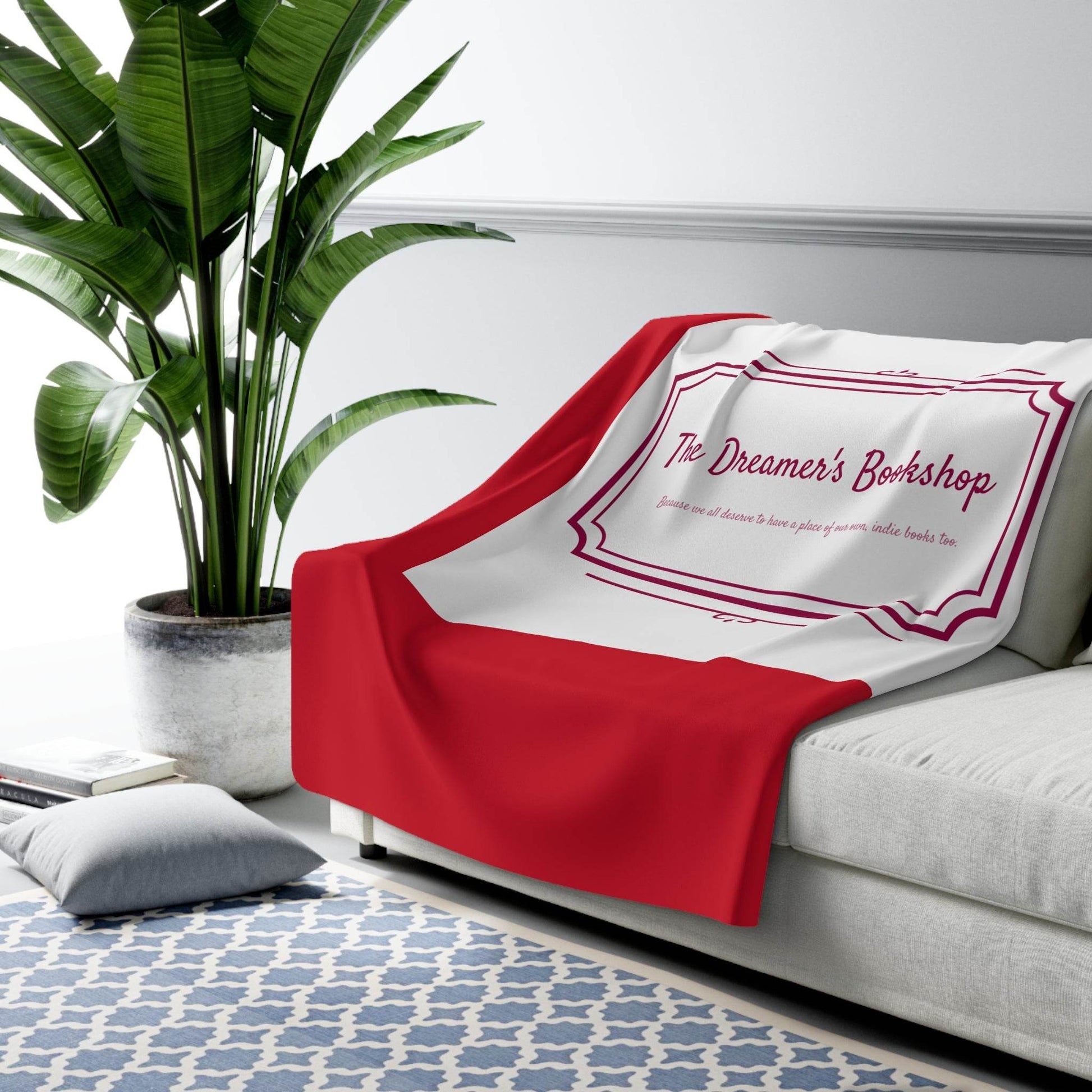 Red Cozy Sherpa Fleece Blanket - 'The Dreamer's Bookshop' Design - The Dreamer's Bookshop.