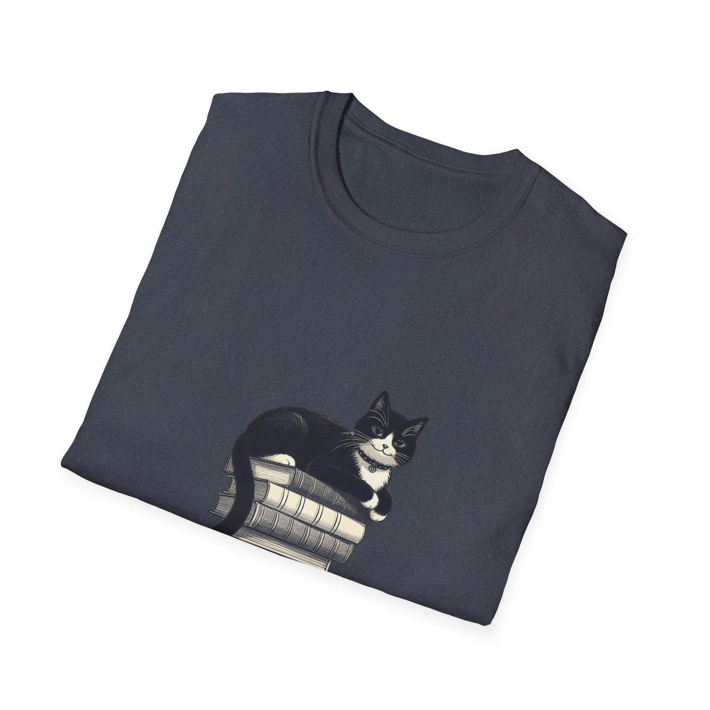 Unisex Softstyle T-Shirt - Vintage Cat Book Stack Bookaddict - The Dreamer's Bookshop.