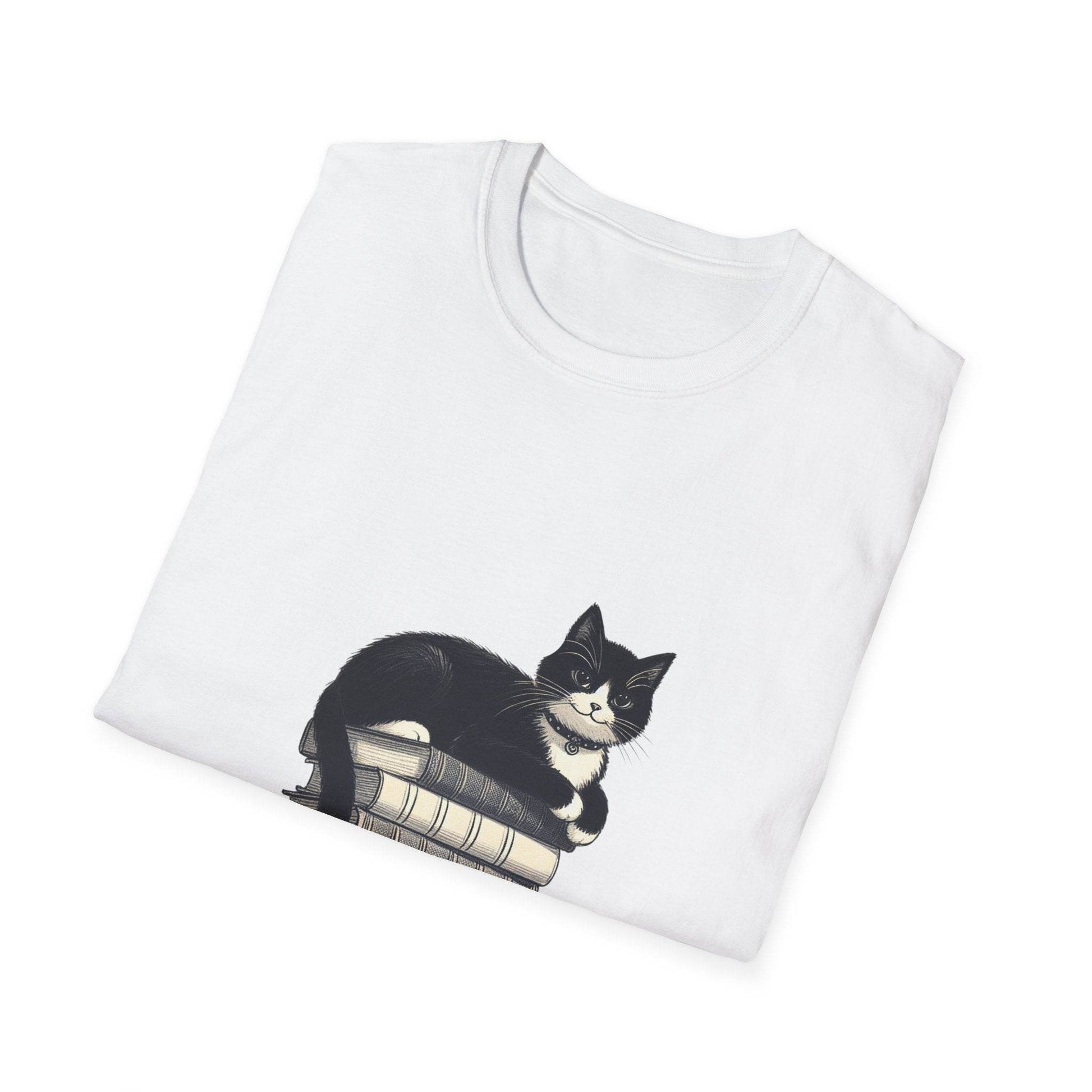 Unisex T-Shirt - Vintage Cat Book Stack for Book Lovers - The Dreamer's Bookshop.