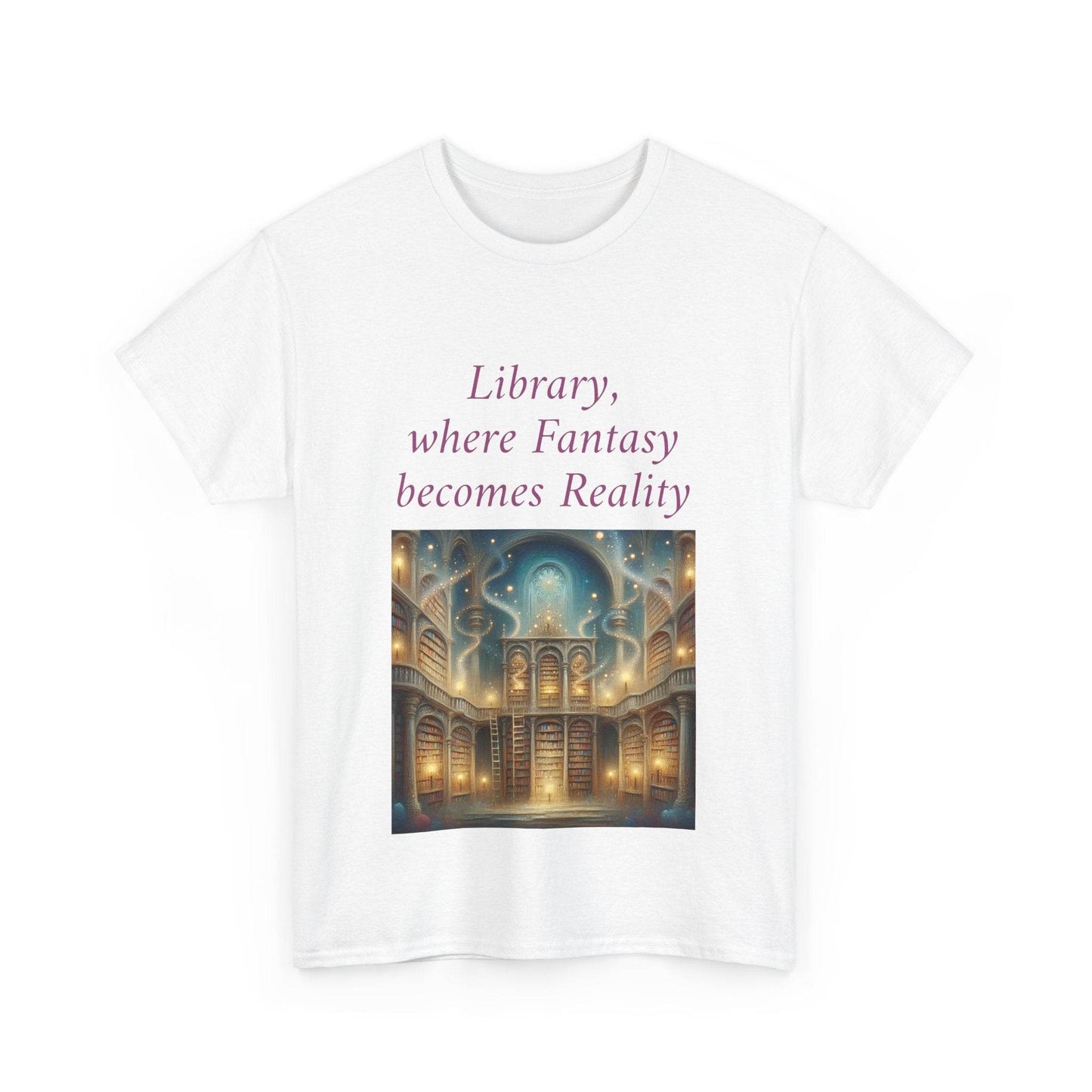 Library, Fantasy, Reality - Unisex Heavy Cotton Tee - Book Lovers - The Dreamer's Bookshop.
