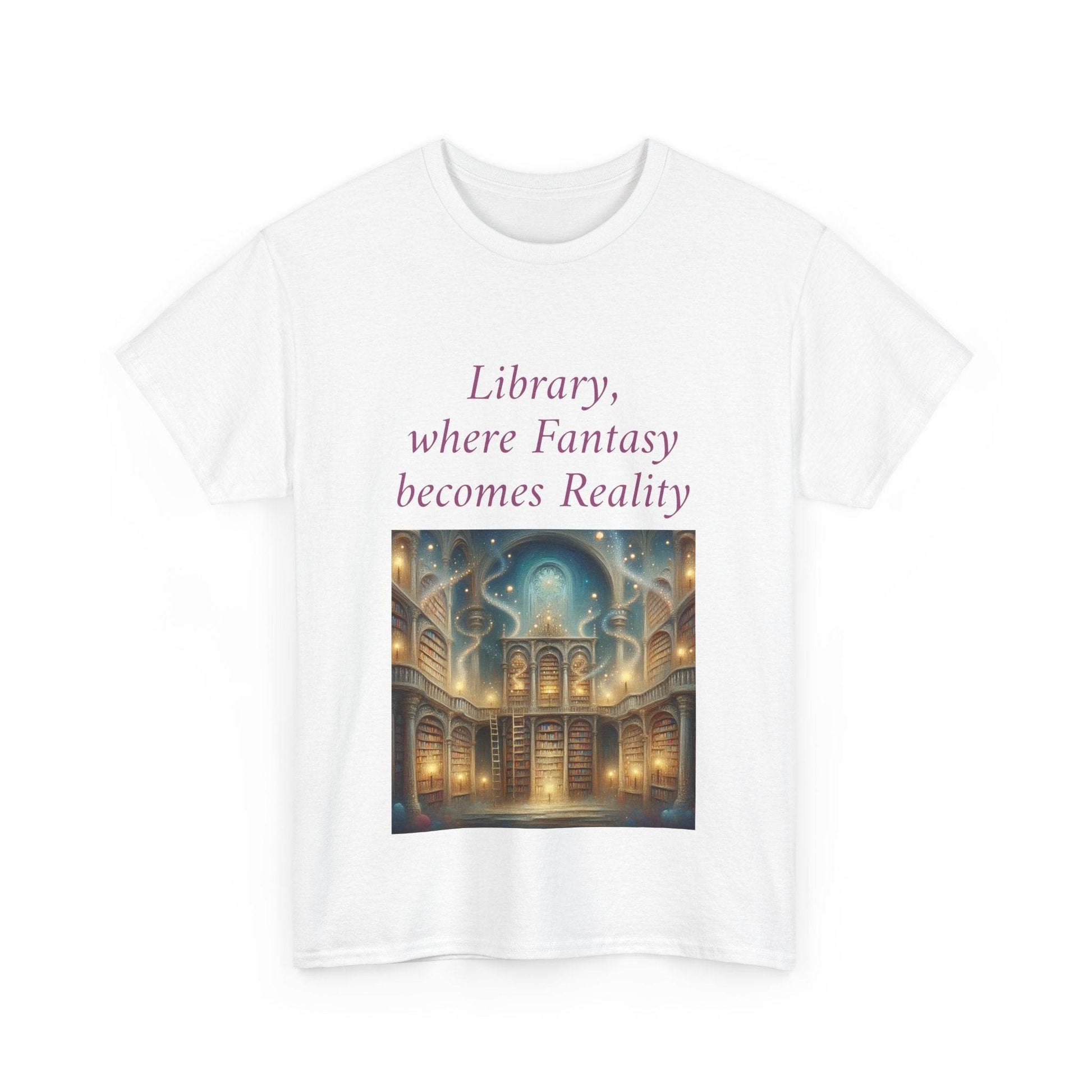 Library, Fantasy, Reality - Unisex Heavy Cotton Tee - Book Lovers - The Dreamer's Bookshop.