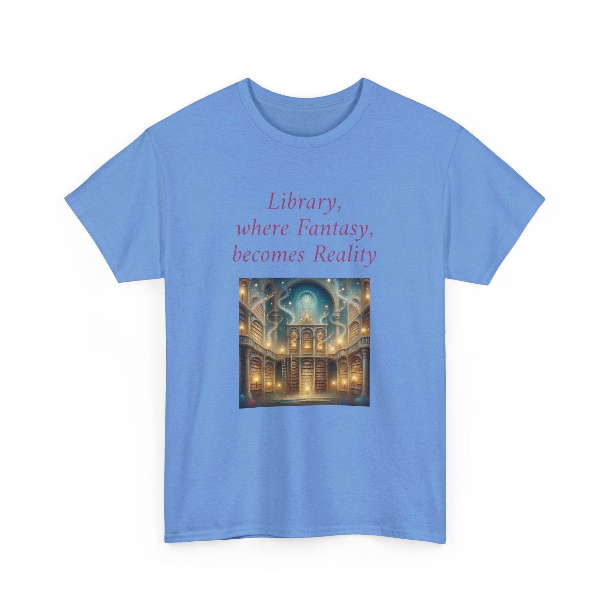 Library, Fantasy, Reality - Graphic Tee - Unisex Heavy Cotton T-Shirt - Book Lovers - The Dreamer's Bookshop.