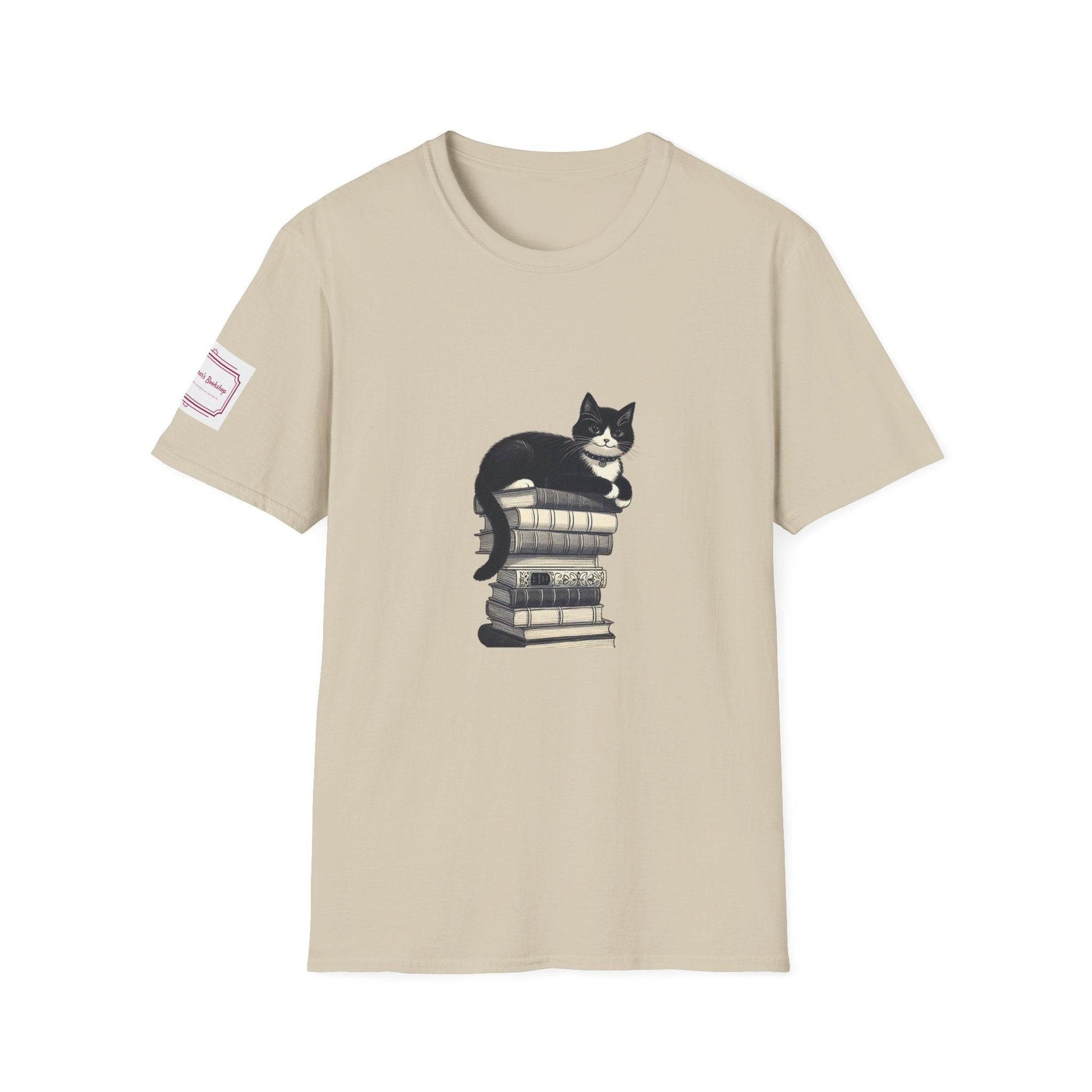 Unisex Softstyle T-Shirt - Vintage Cat Book Stack Bookaddict - The Dreamer's Bookshop.