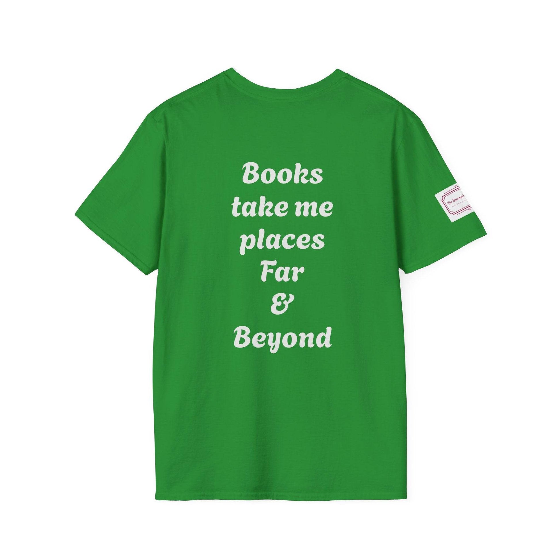 Unisex Softstyle T-Shirt - Traveller of Worlds Design for Book Lovers - The Dreamer's Bookshop.