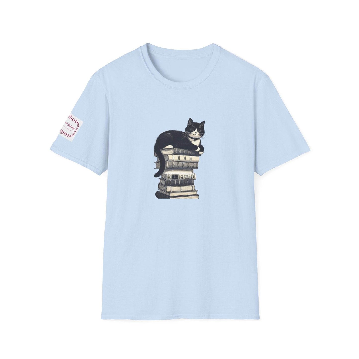 Unisex Softstyle T-Shirt - Vintage Cat Book Stack Bookworm - The Dreamer's Bookshop.