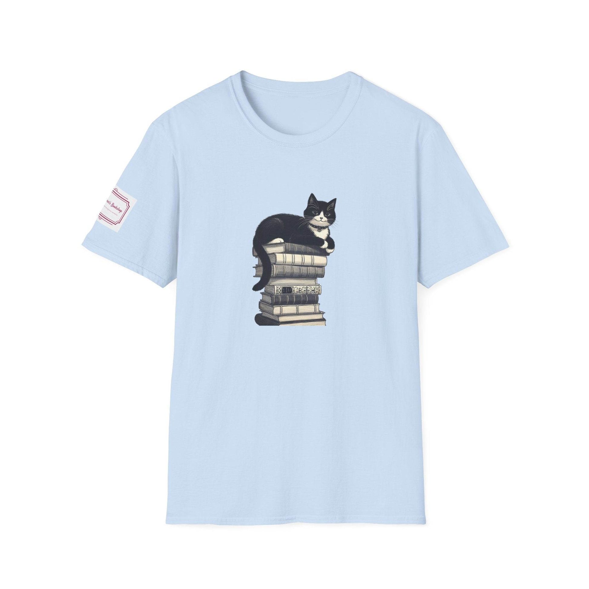 Unisex Softstyle T-Shirt - Vintage Cat Book Stack Bookworm - The Dreamer's Bookshop.