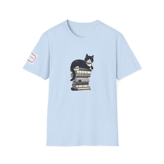 Unisex Softstyle T-Shirt - Vintage Cat Book Stack Bookworm - The Dreamer's Bookshop.