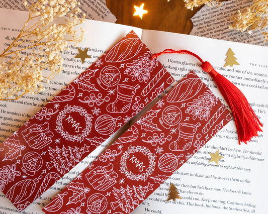 Basically Britt - Red Christmas Bookmark with Festive Holiday Doodles - The Dreamer's Bookshop.
