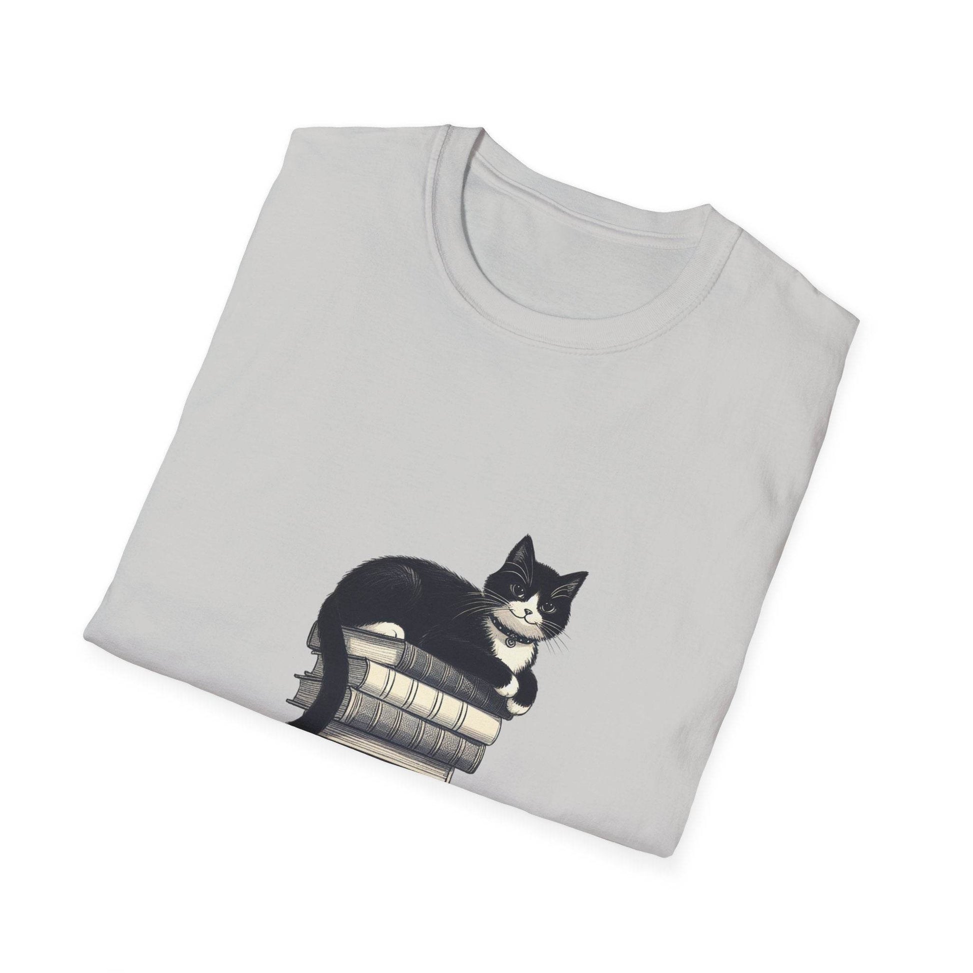 Unisex Softstyle T-Shirt - Vintage Cat Book Stack Bookaddict - The Dreamer's Bookshop.