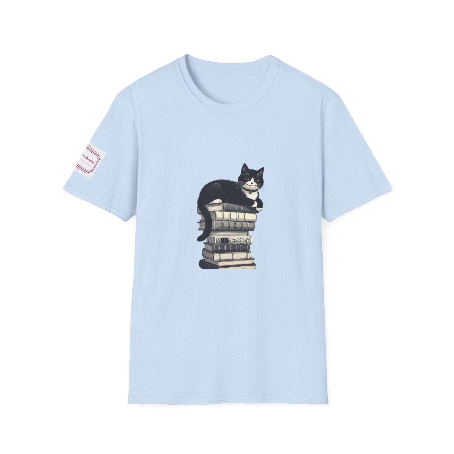Unisex Softstyle T-Shirt - Vintage Cat Book Stack Bookaddict - The Dreamer's Bookshop.