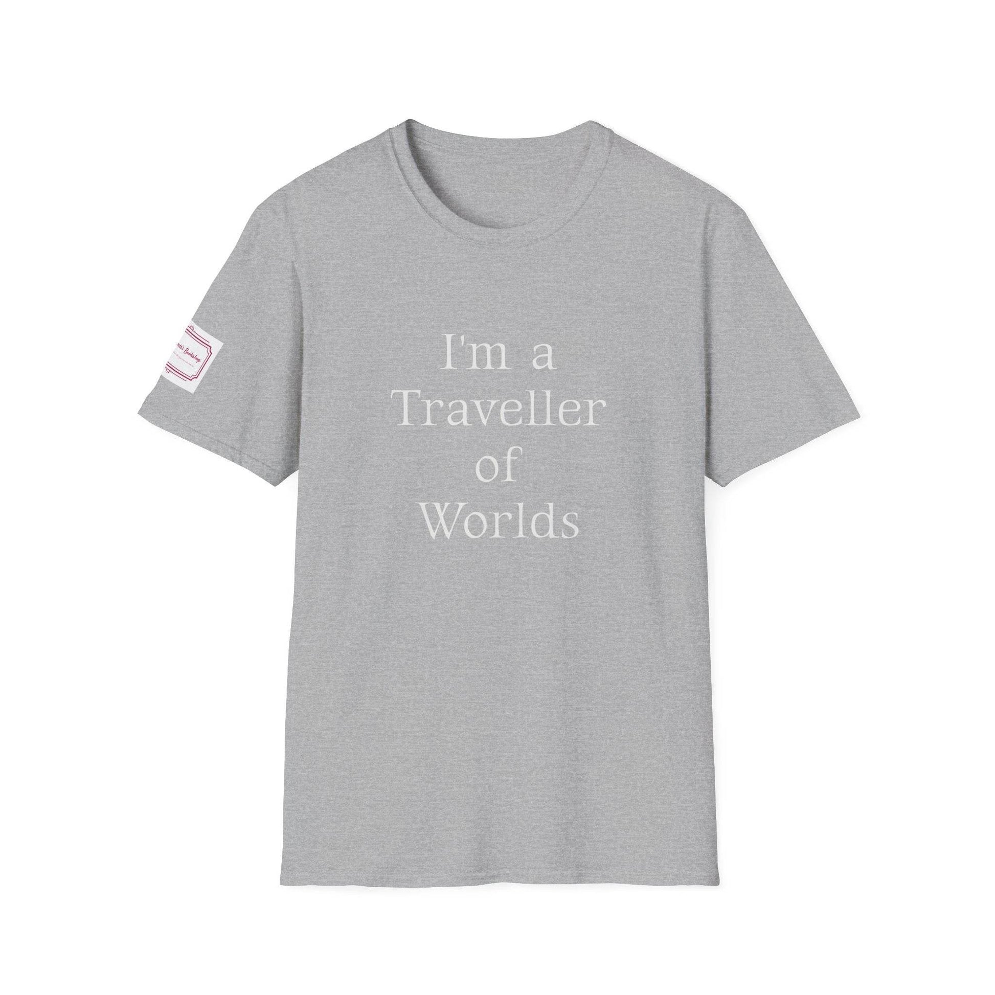 Unisex Softstyle T-Shirt - Traveller of Worlds Design for Book Lovers - The Dreamer's Bookshop.