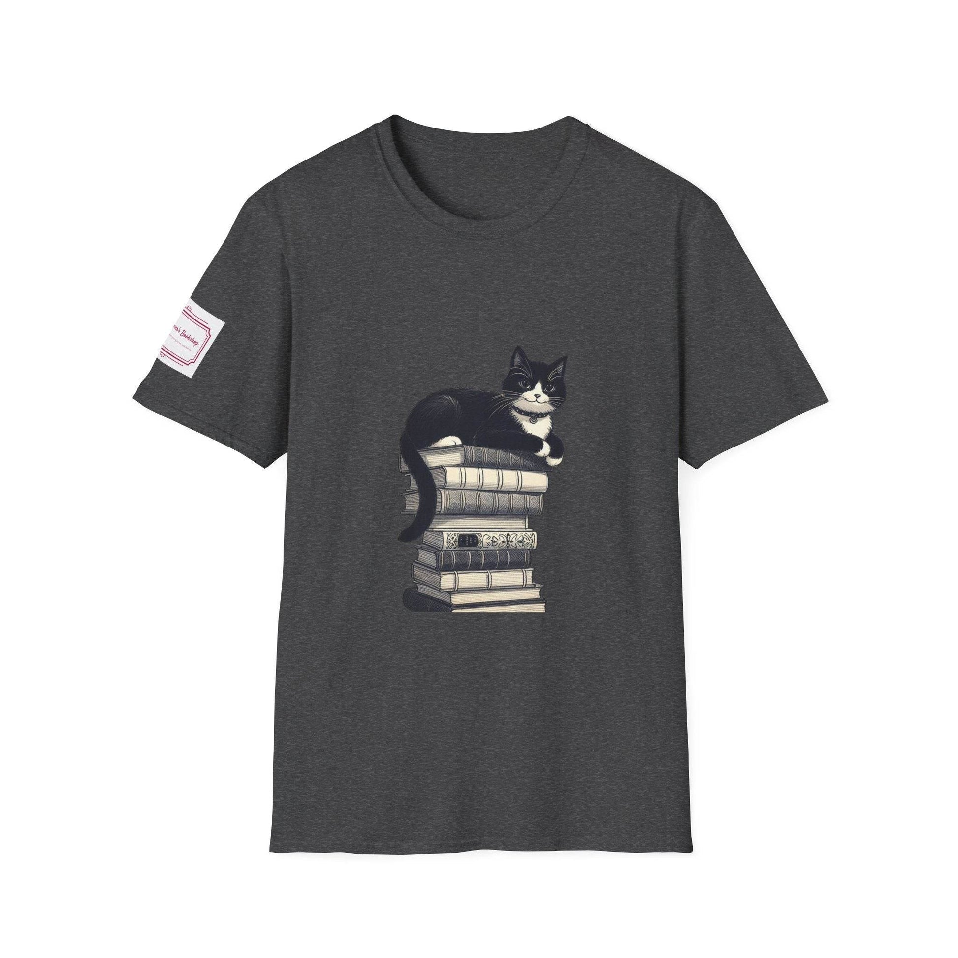 Unisex T-Shirt - Vintage Cat Book Stack for Book Lovers - The Dreamer's Bookshop.