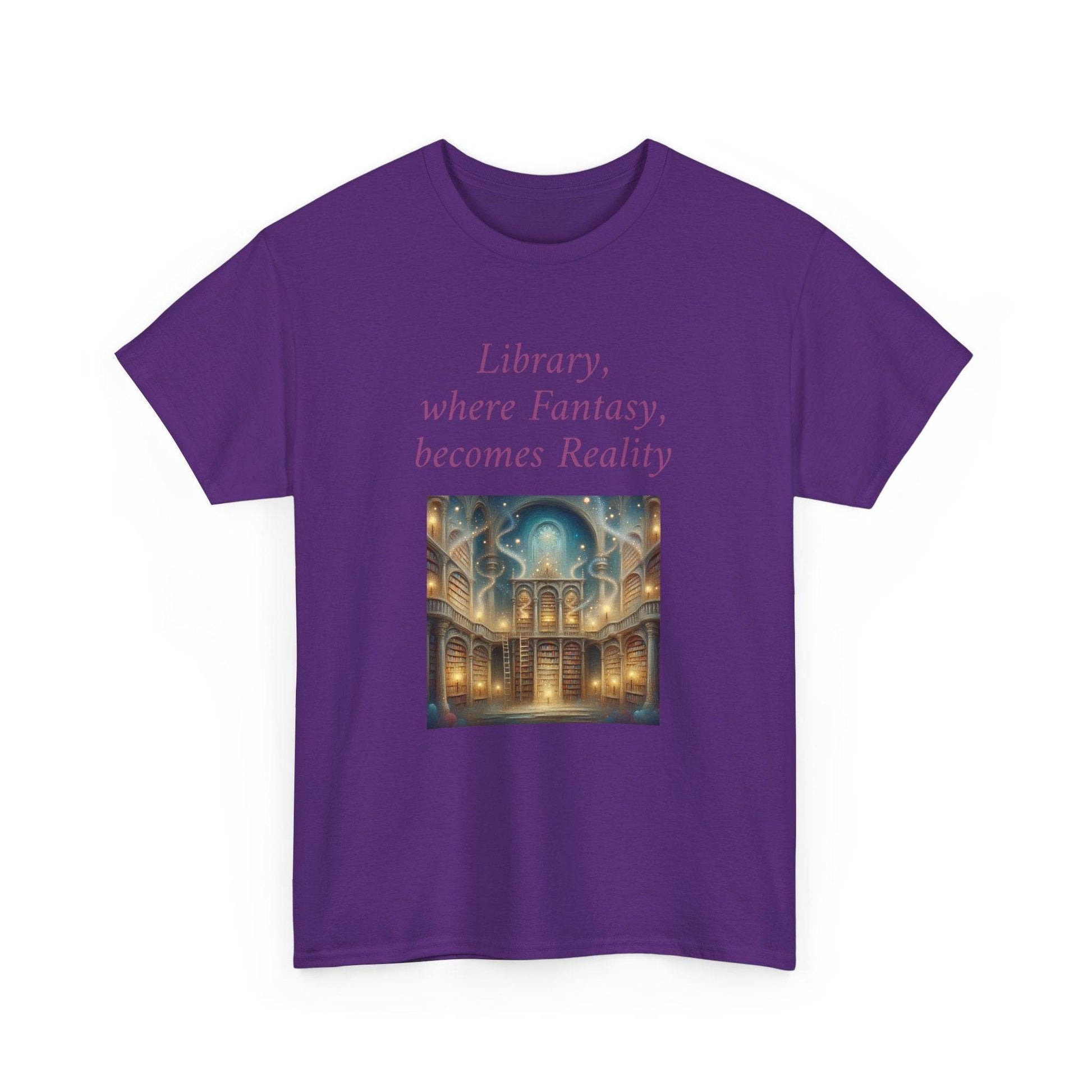 Library, Fantasy, Reality - Graphic Tee - Unisex Heavy Cotton T-Shirt - Book Lovers - The Dreamer's Bookshop.