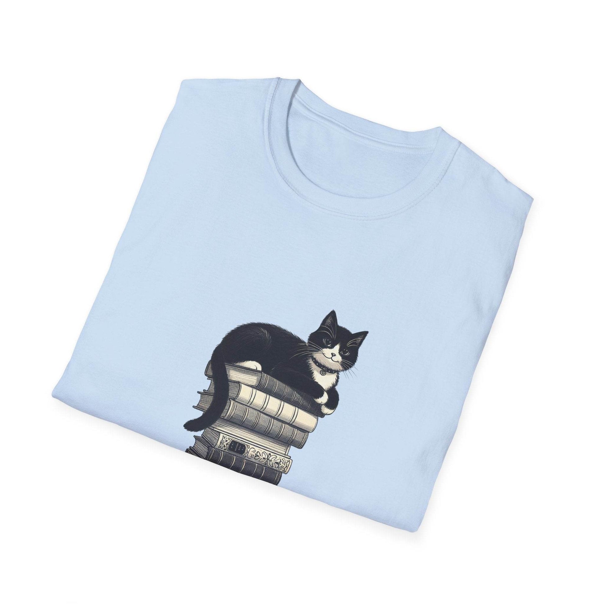 Unisex Softstyle T-Shirt - Vintage Cat Book Stack Booklover - The Dreamer's Bookshop.