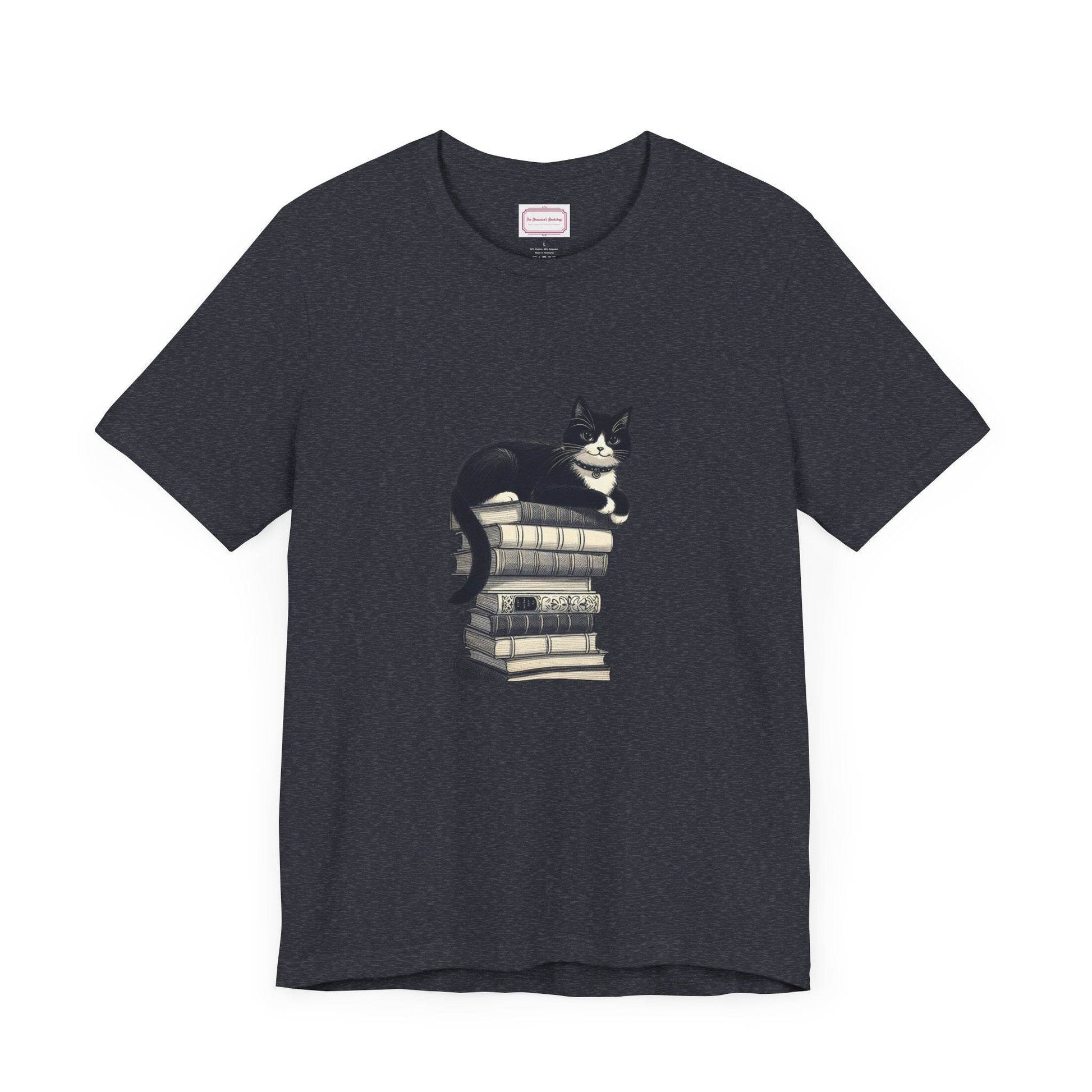 Unisex T-shirt - Vintage Cat Book Stack Booknerds - The Dreamer's Bookshop.
