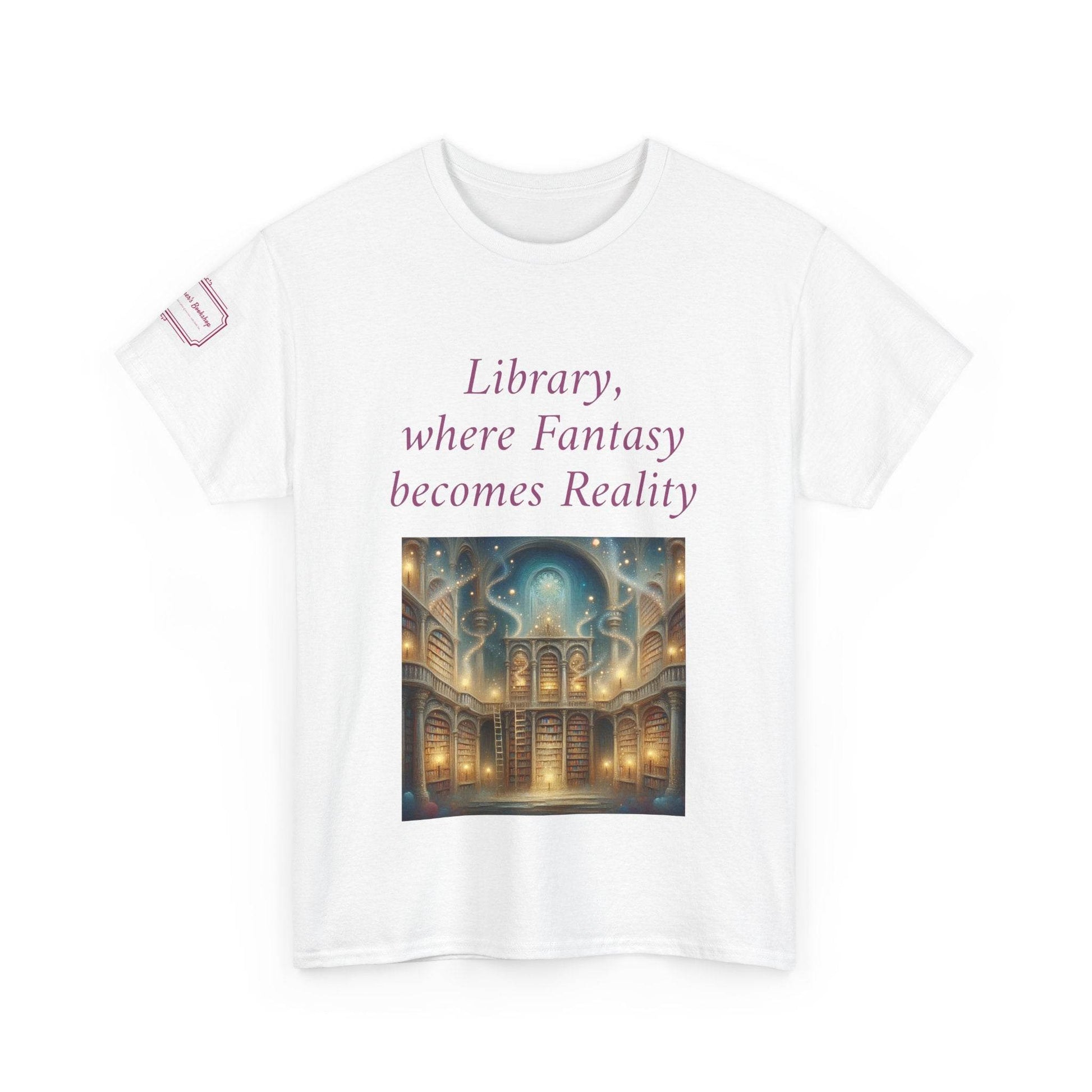 Library, Fantasy, Reality - Unisex Heavy Cotton Tee - Book Lovers - The Dreamer's Bookshop.