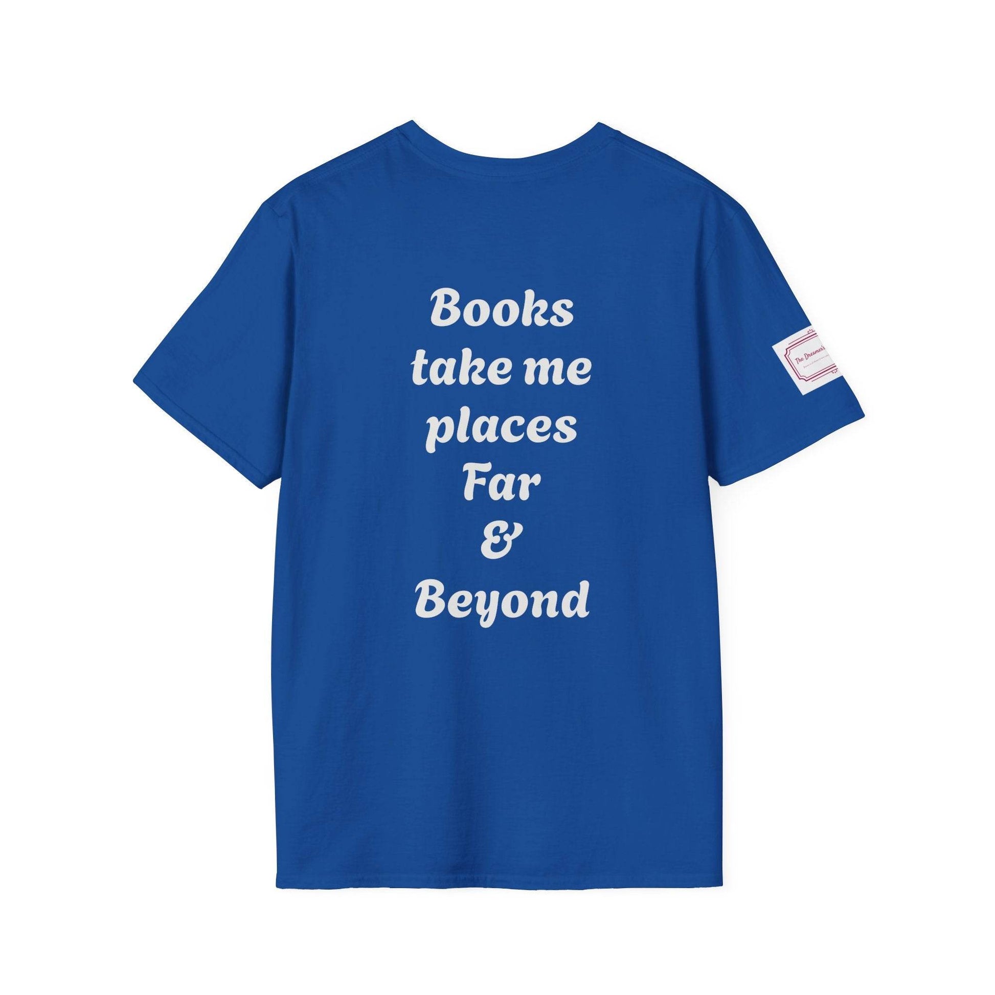 Unisex Softstyle T-Shirt - Traveller of Worlds Design for Book Lovers - The Dreamer's Bookshop.